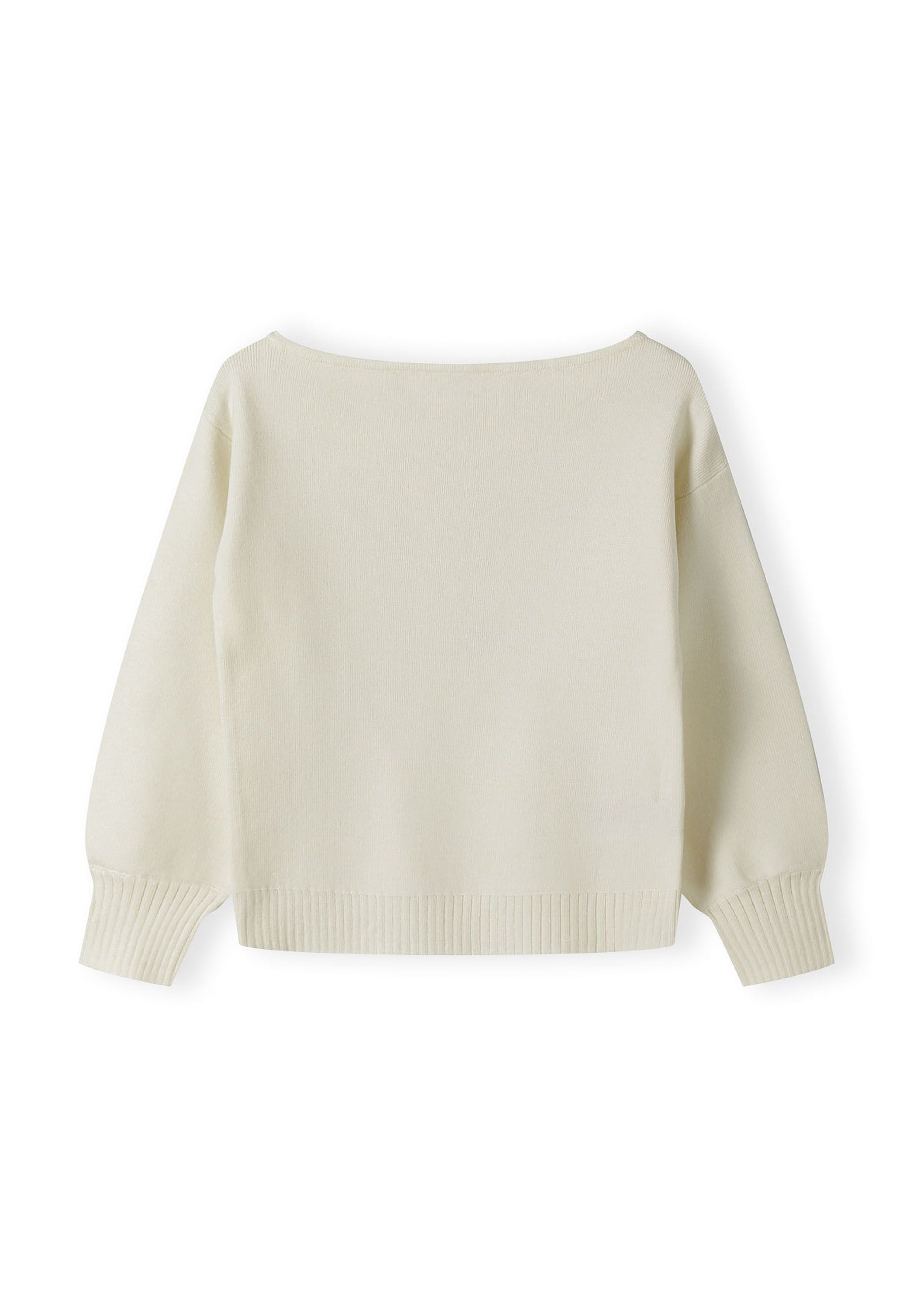 Girls jumper with boat neckline, cream, back view, ribbed cuffs.