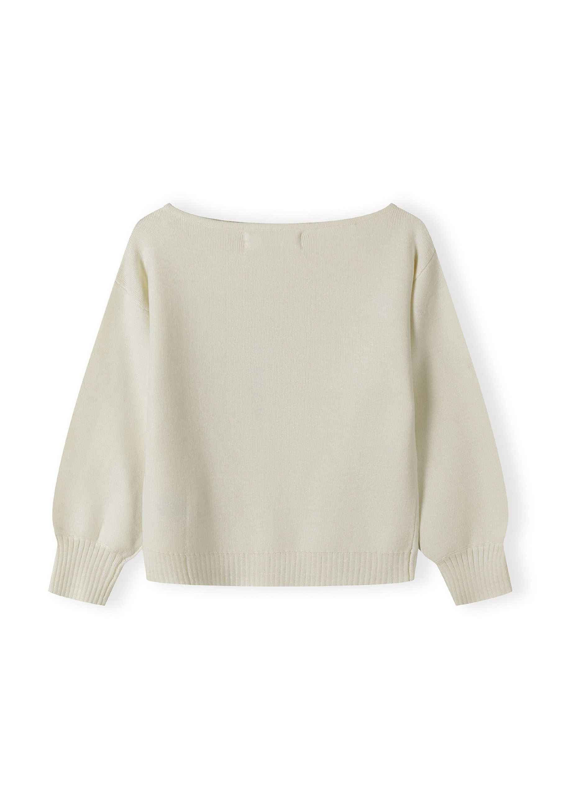 Girls jumper back view with boat neckline and ribbed cuffs in cream.