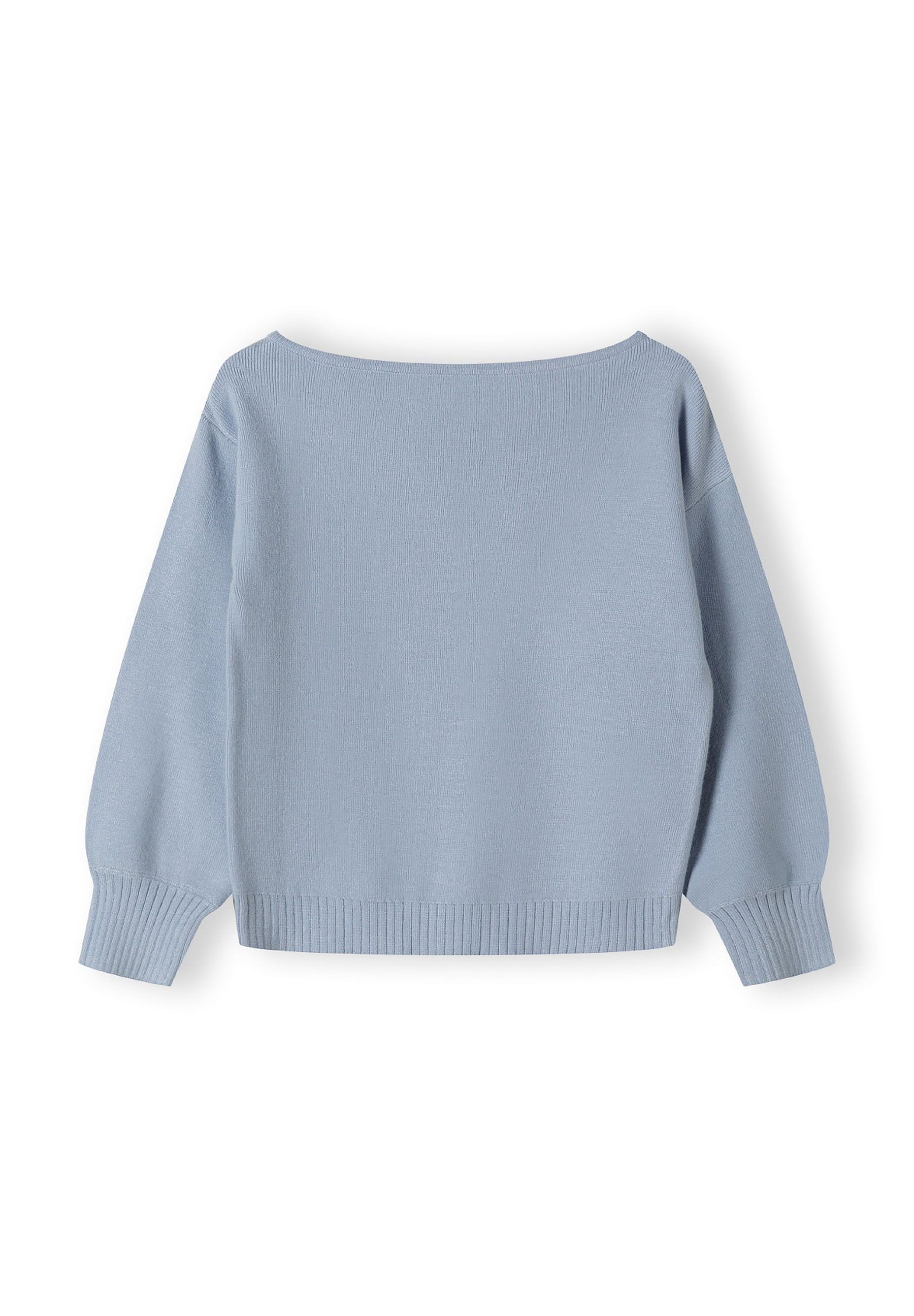 Girls jumper in light blue, back view with boat neckline and ribbed cuffs.