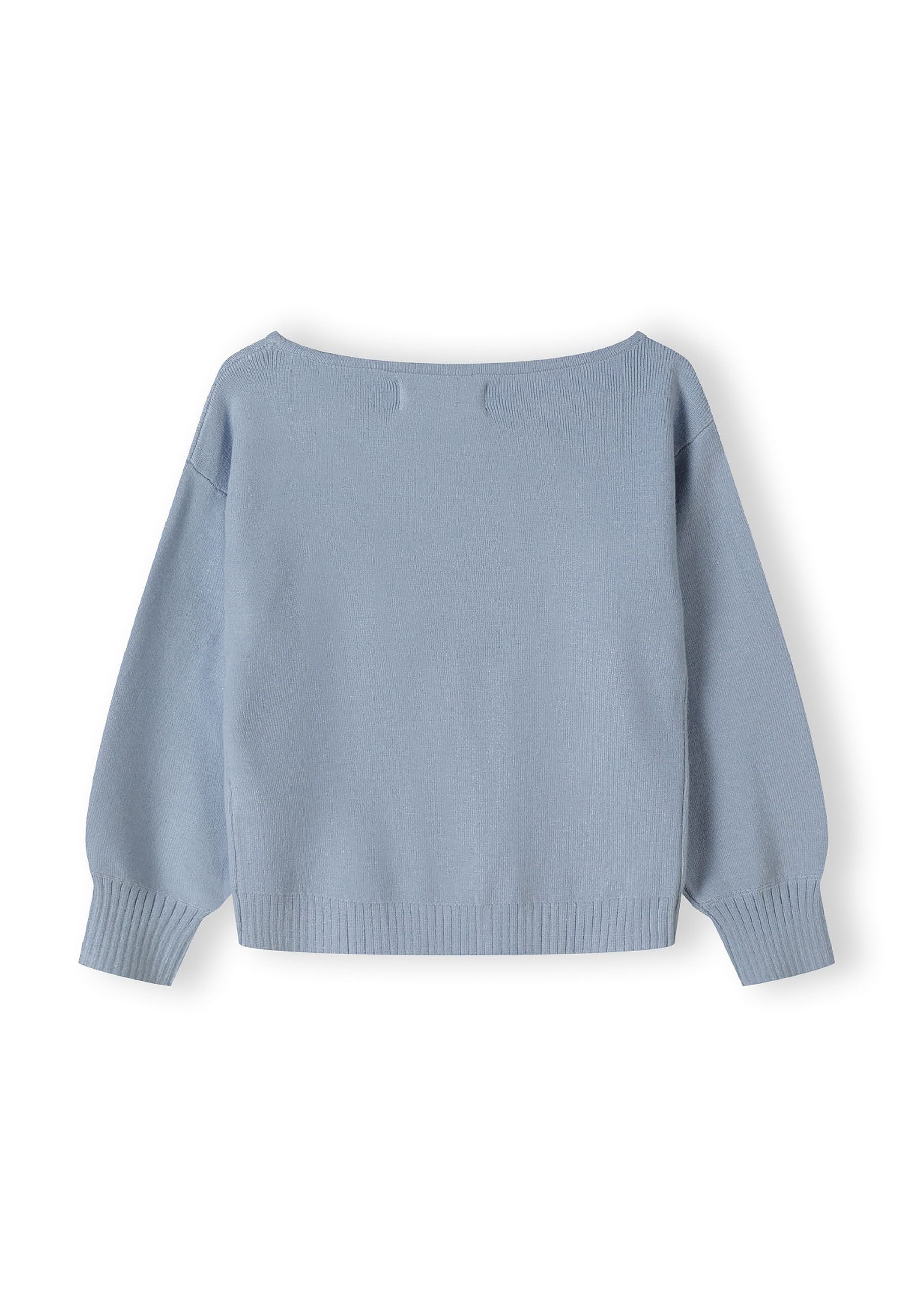 Girls jumper, light blue, back view, features boat neckline and ribbed cuffs.