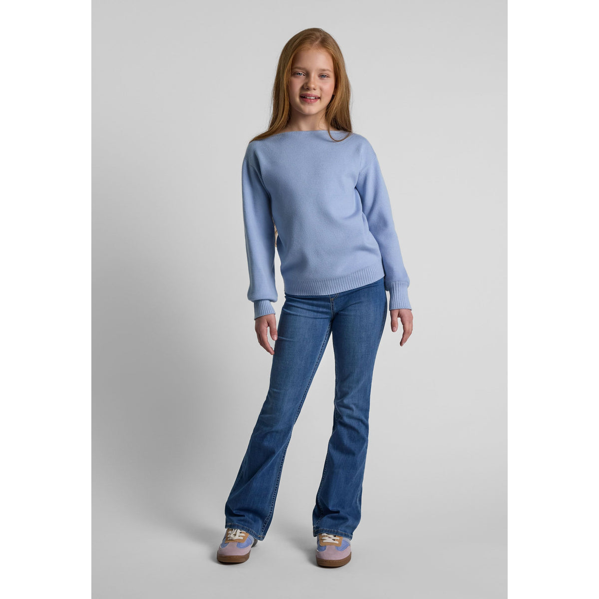 Girls' boat neck jumper in light blue — complete product view for square Shop card