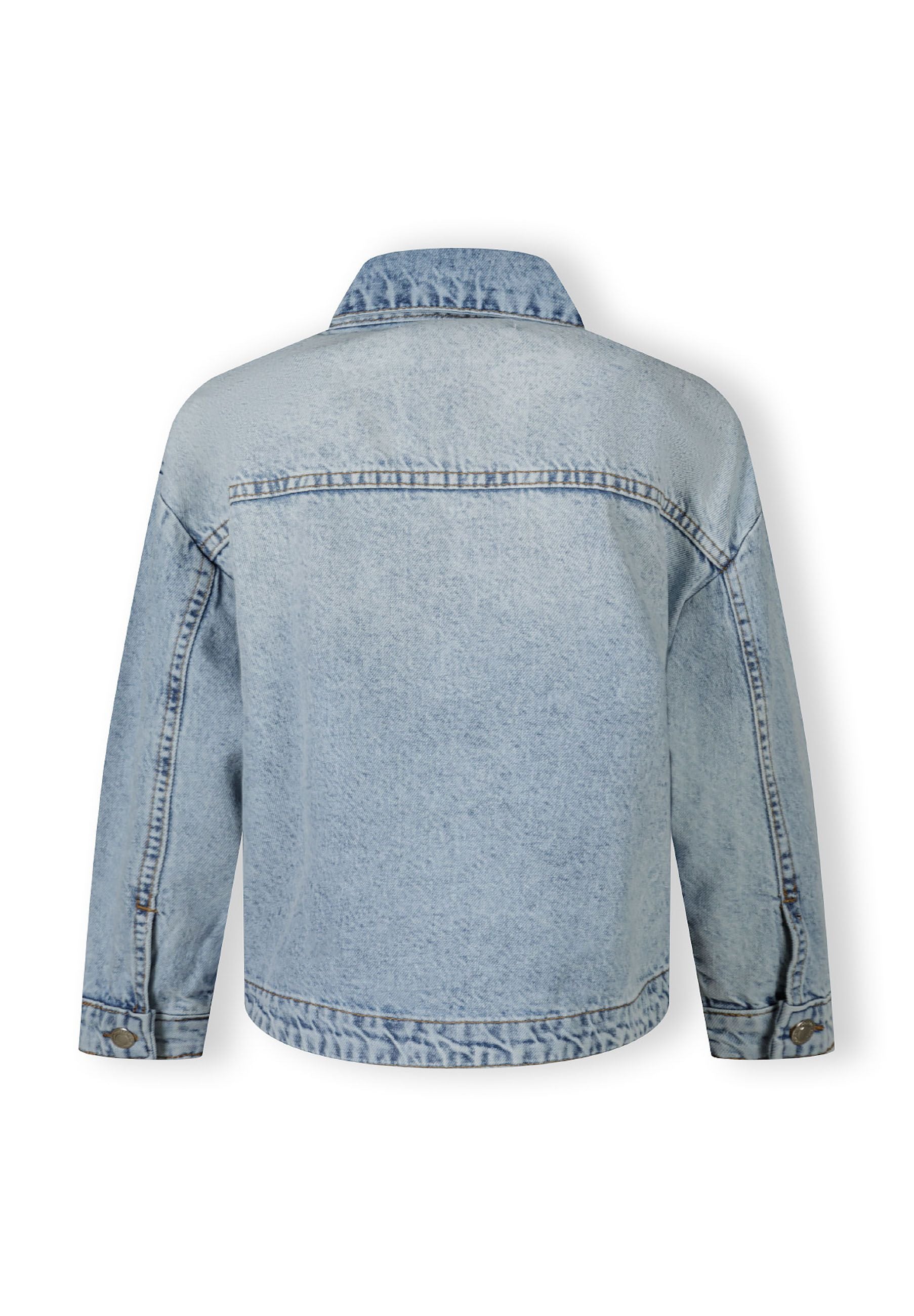 Girls oversized denim jacket, light blue, back view with buttoned cuffs.