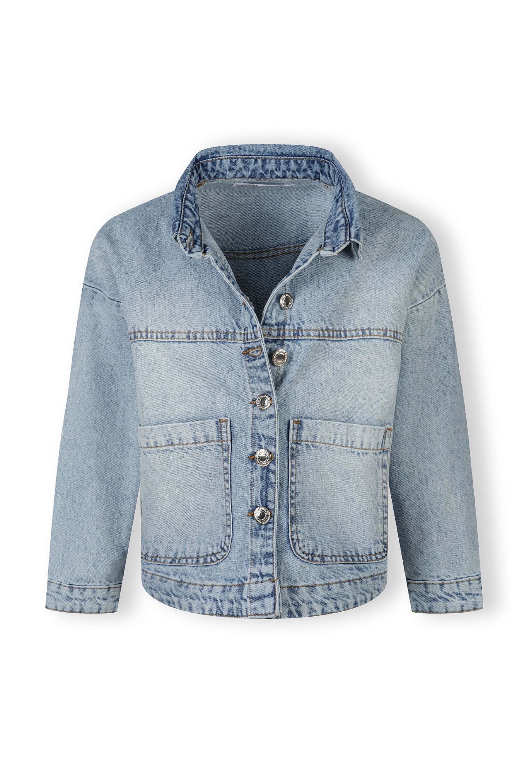 Girls oversized denim jacket, light blue, front view with two patch pockets and button fastening.