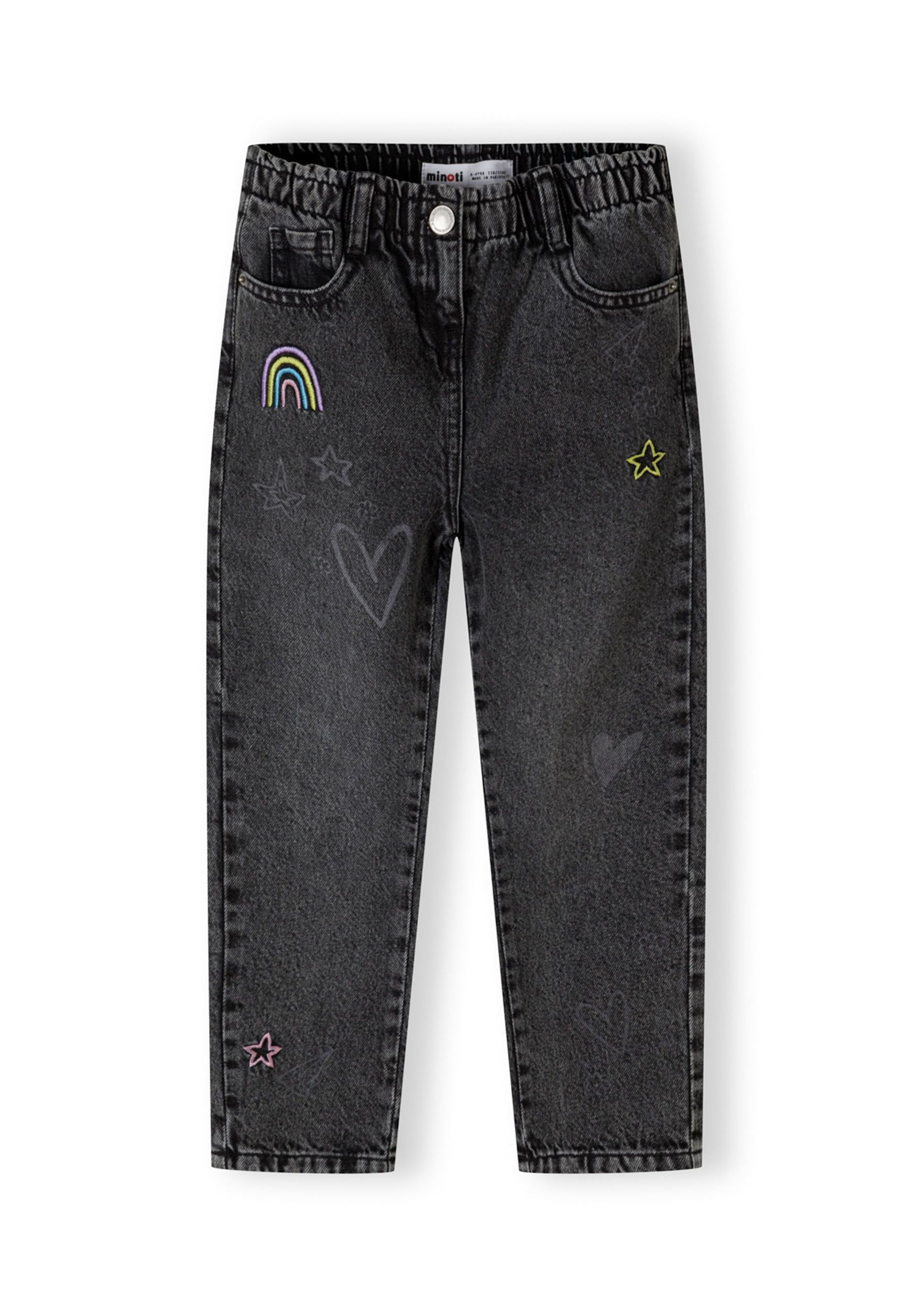 Girls black embroidered jeans with elasticated waist, front view, featuring rainbow and star motifs.