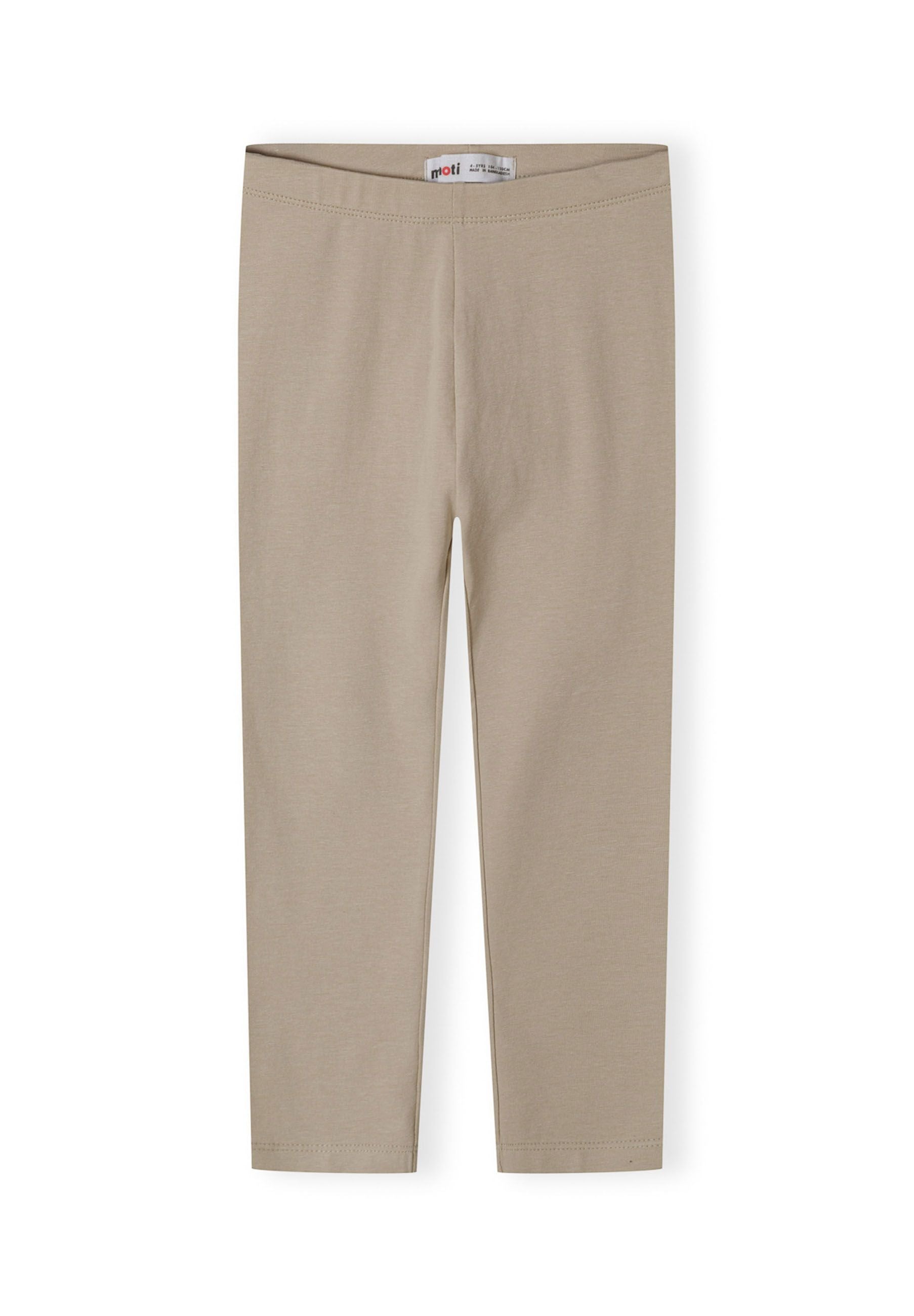 Detail of girls' jersey leggings in light grey with an elastic waistband.