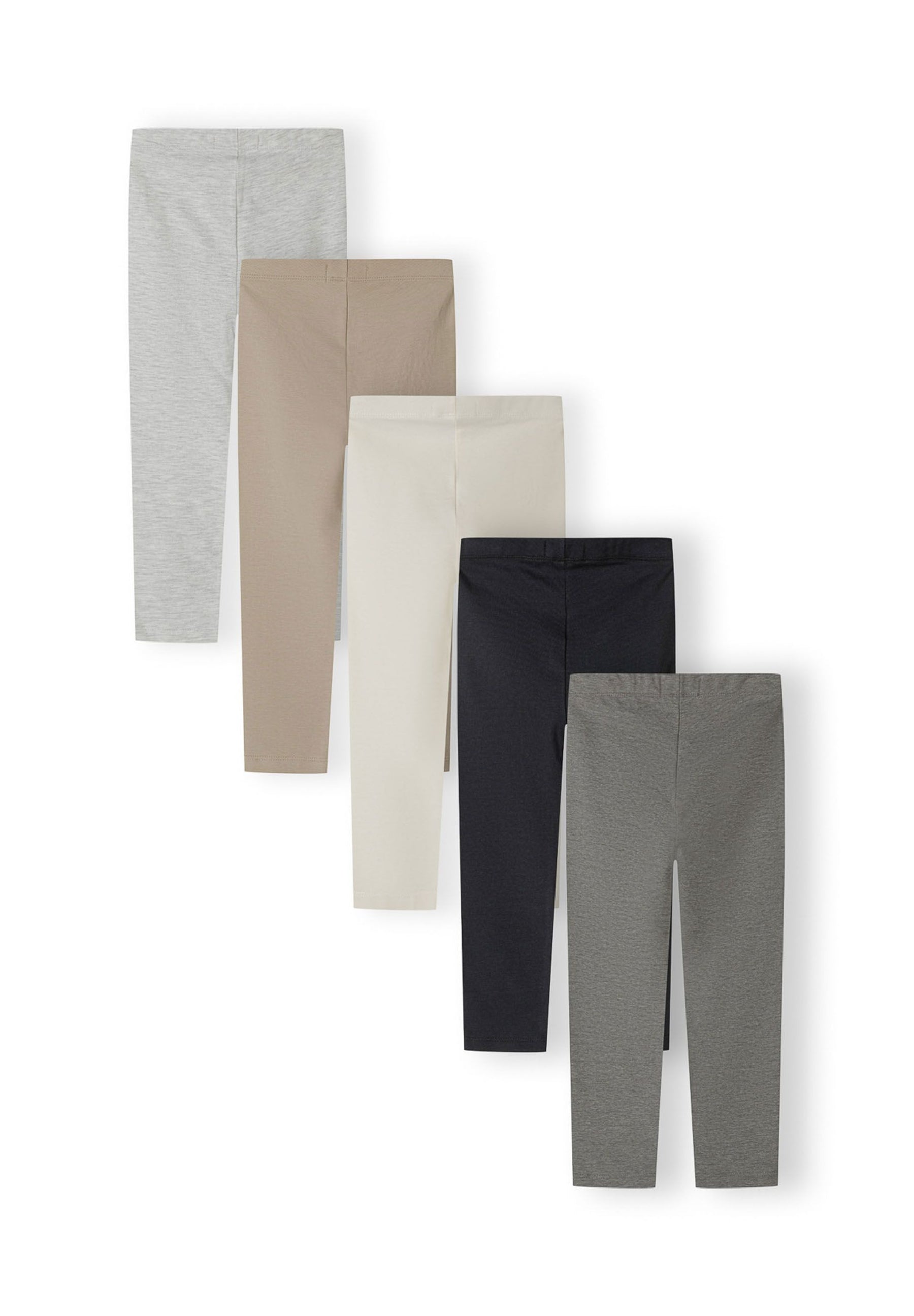 Set of five girls' jersey leggings in various grey tones, front view, featuring an elastic waistband.