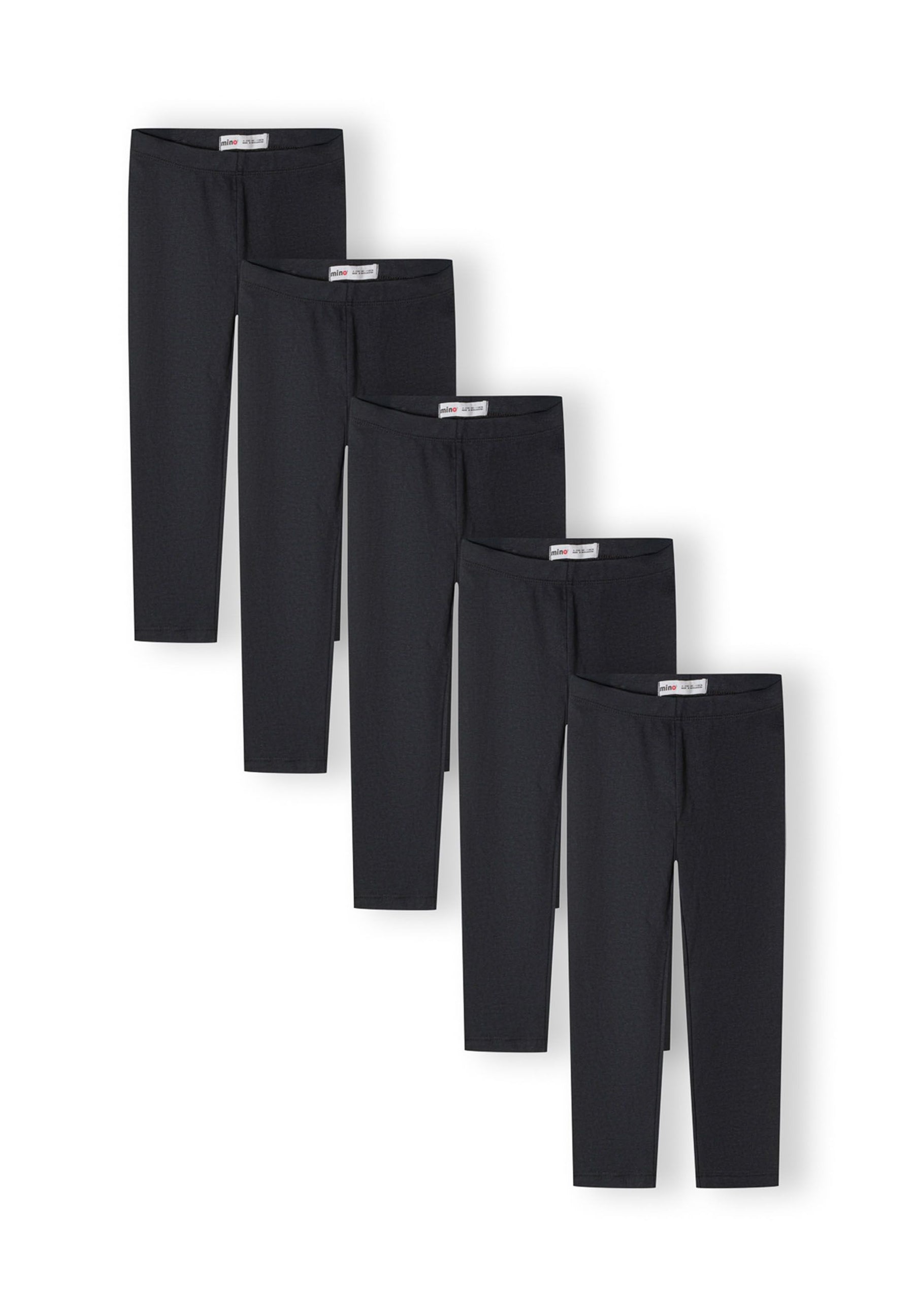 Pack of 5 girls' black jersey leggings with elastic waistband, front view.
