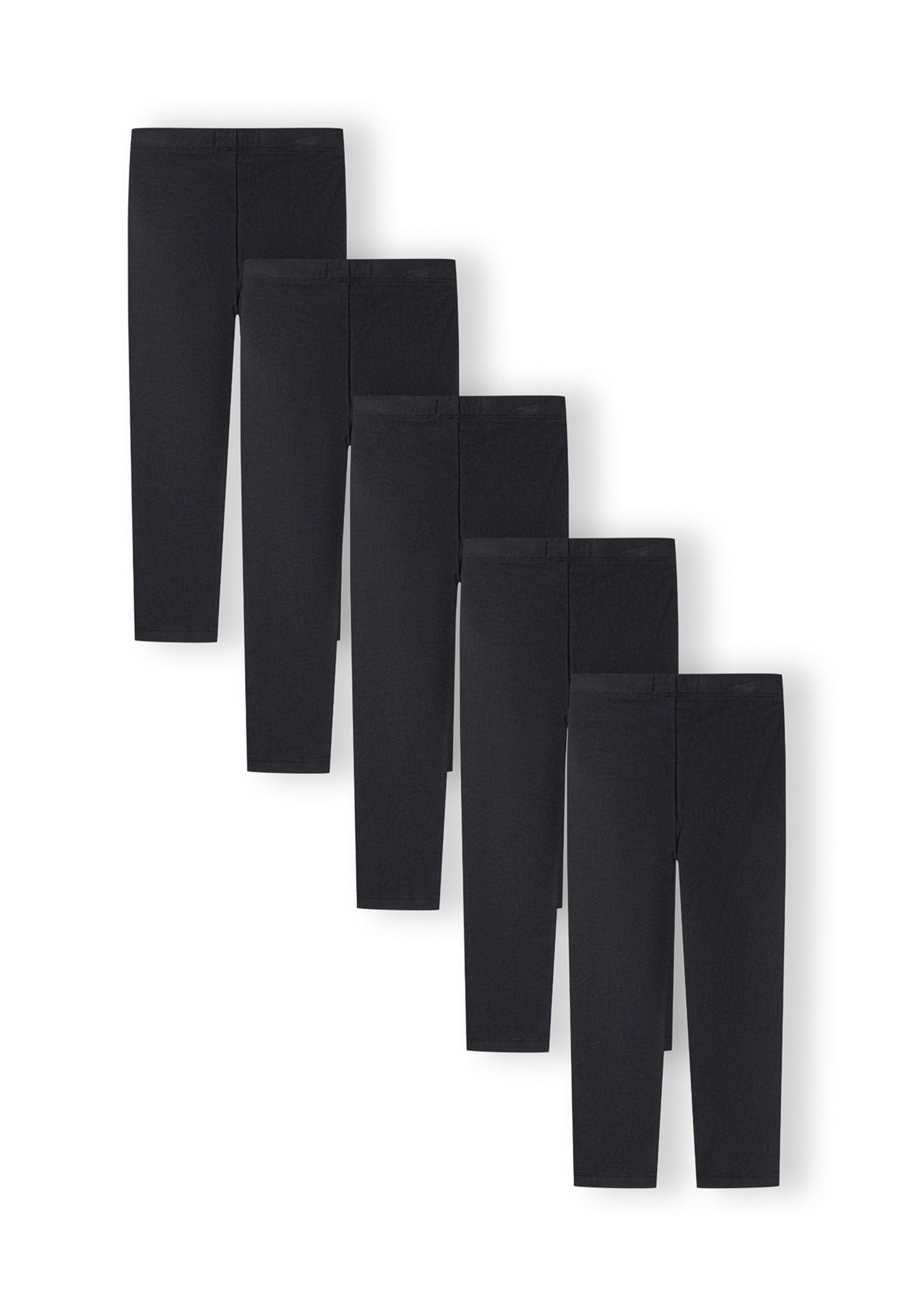 Pack of 5 black jersey leggings with elastic waistband, front view.