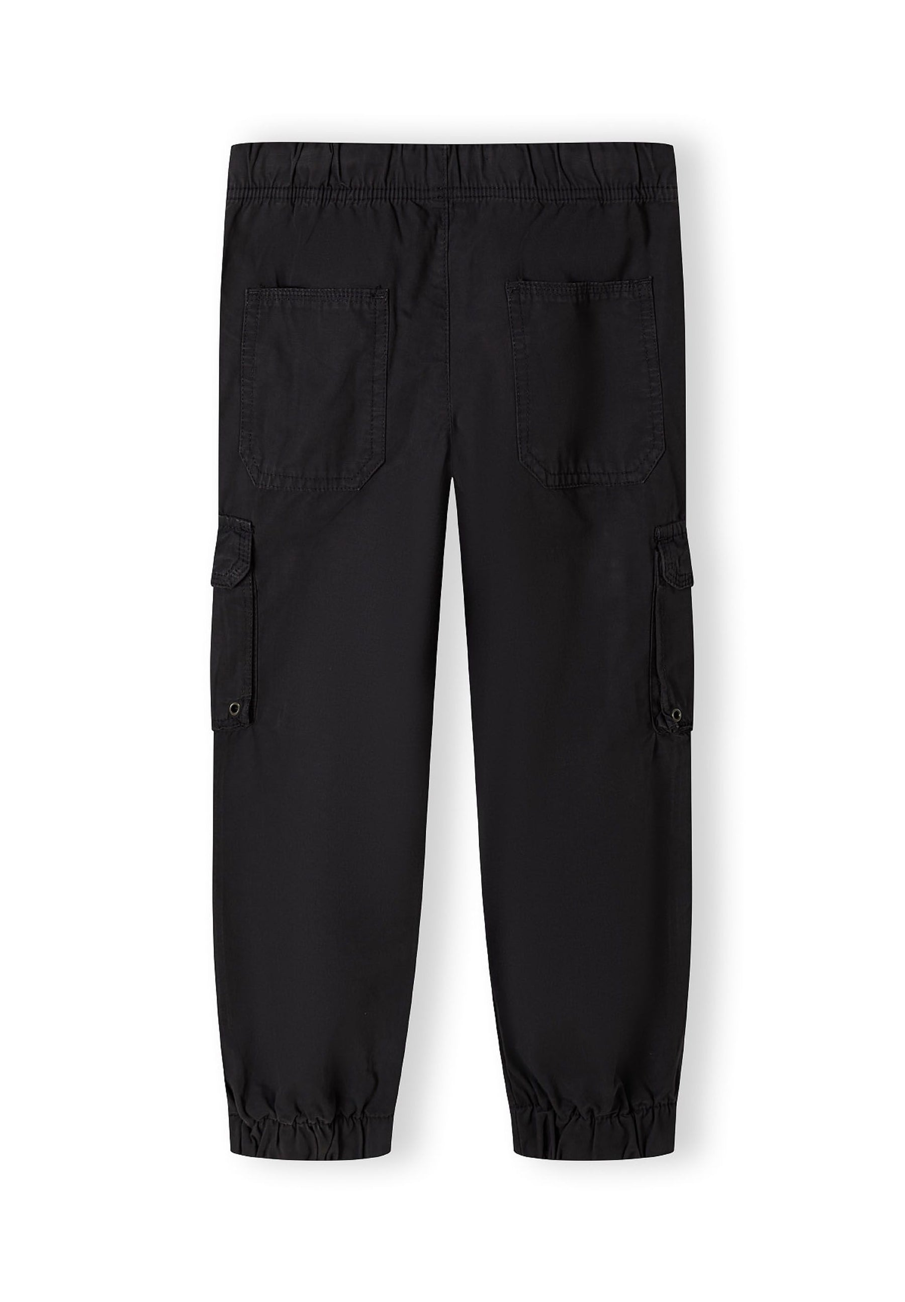 Girls black cargo pants, back view, featuring adjustable waistband and multiple pockets.