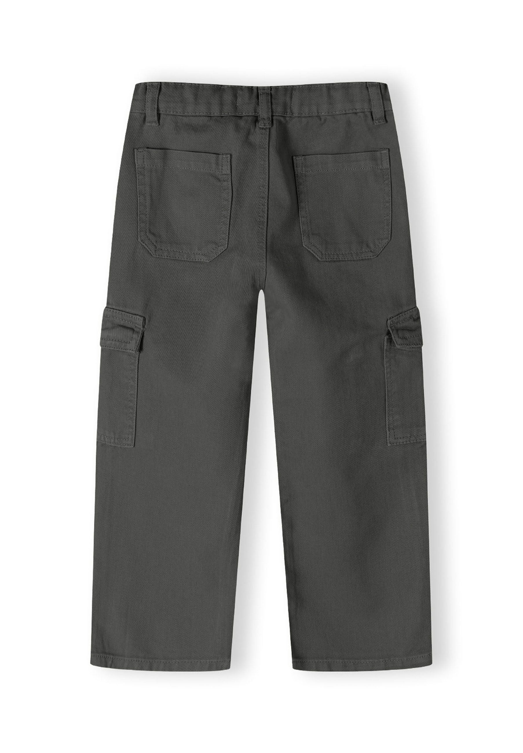 Back view of girls' grey wide leg combat pants with cargo pockets.