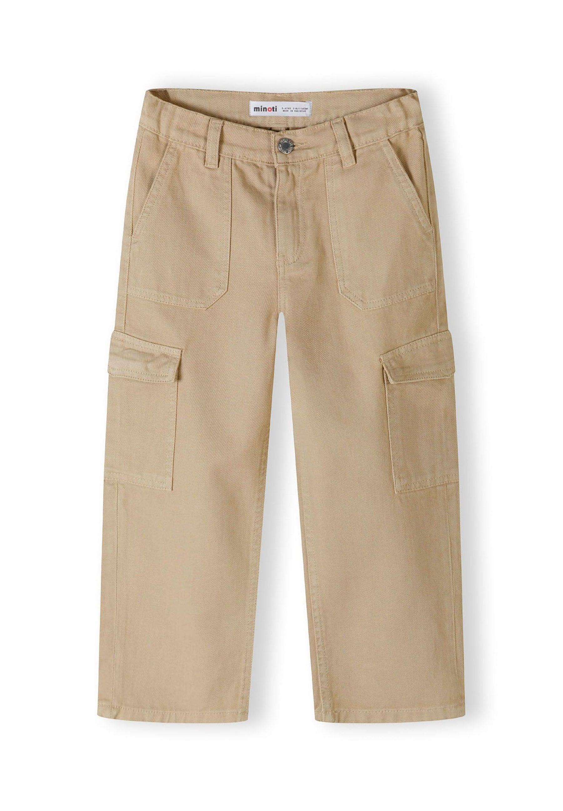 Girls wide-leg combat pants in beige, front view with pockets.
