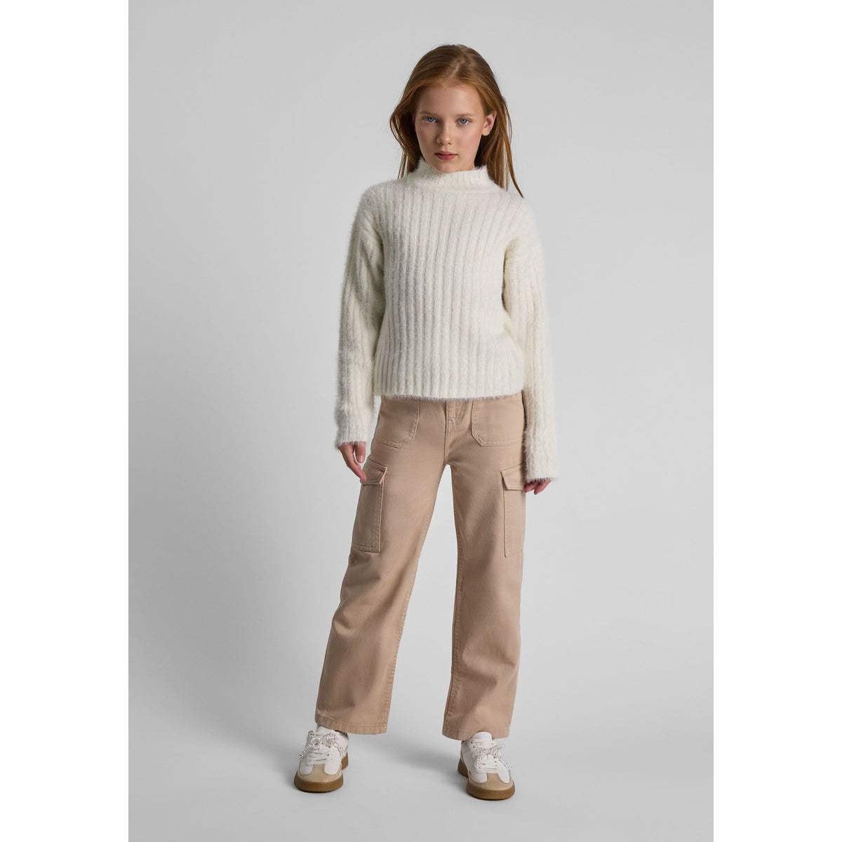Girls' wide leg cargo trousers in beige — complete product view for square Shop card