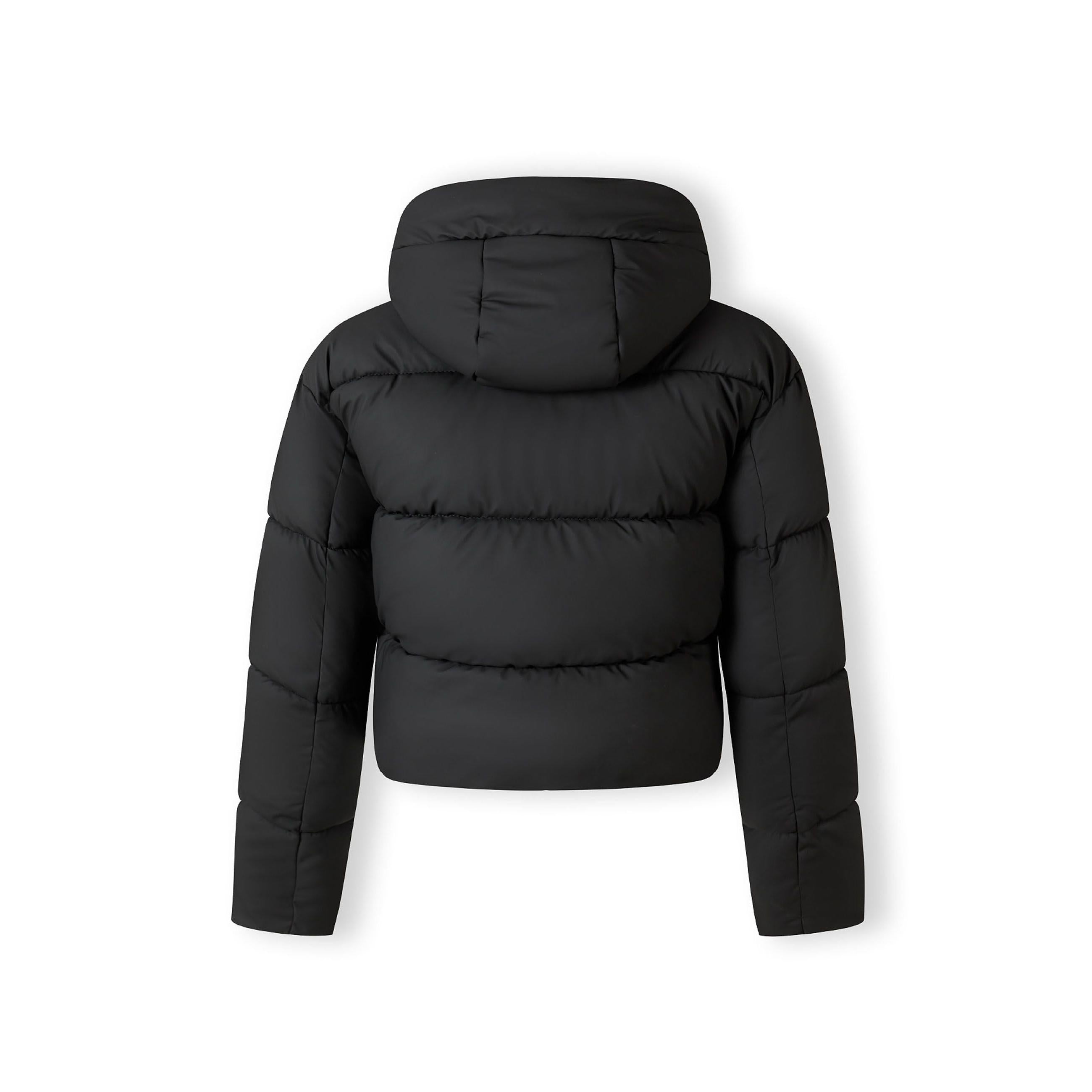 Back view of black quilted jacket showing hood detail and quilted construction, white background