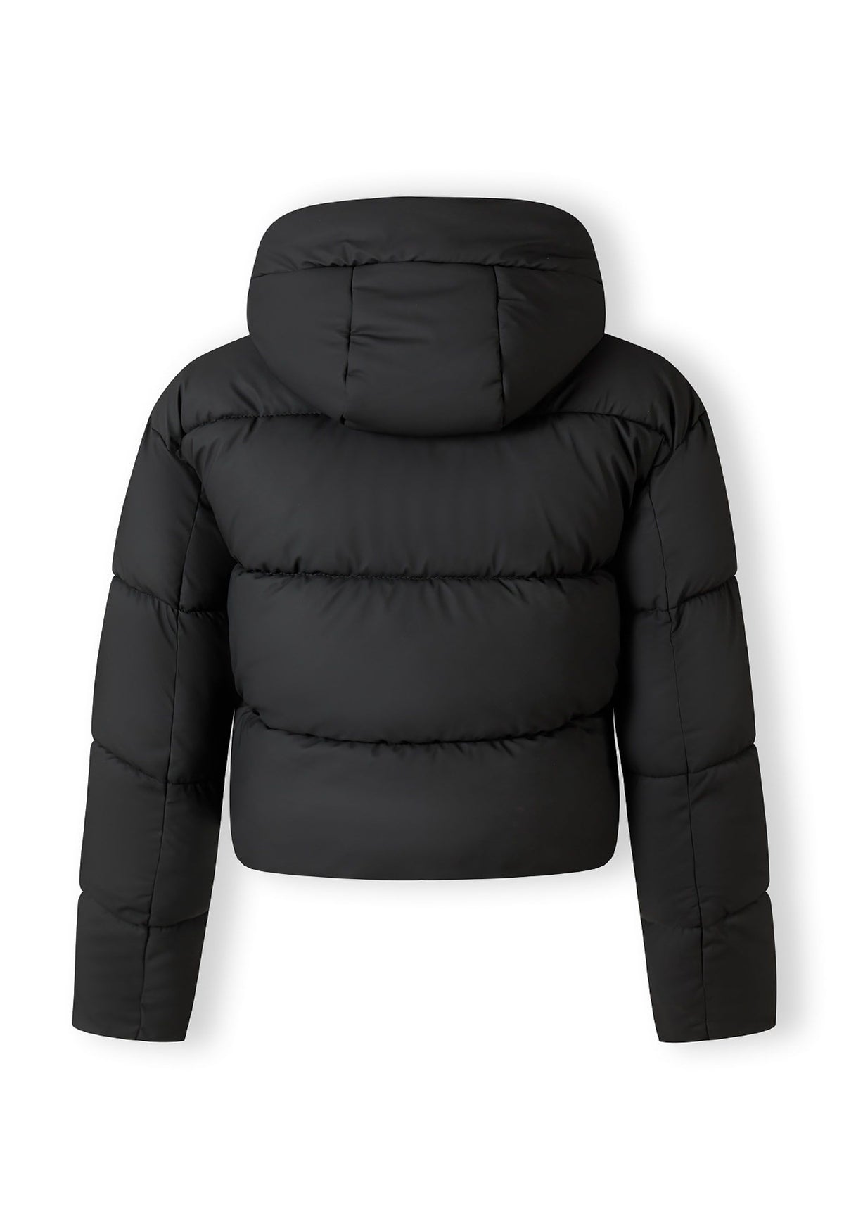 Back of a black cropped puffer jacket.