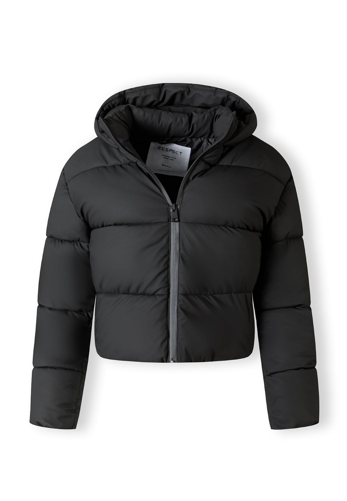 The black cropped puffer jacket shown open to reveal the inside.