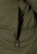 Detail of a khaki short quilted jacket with a full-length zipper.
