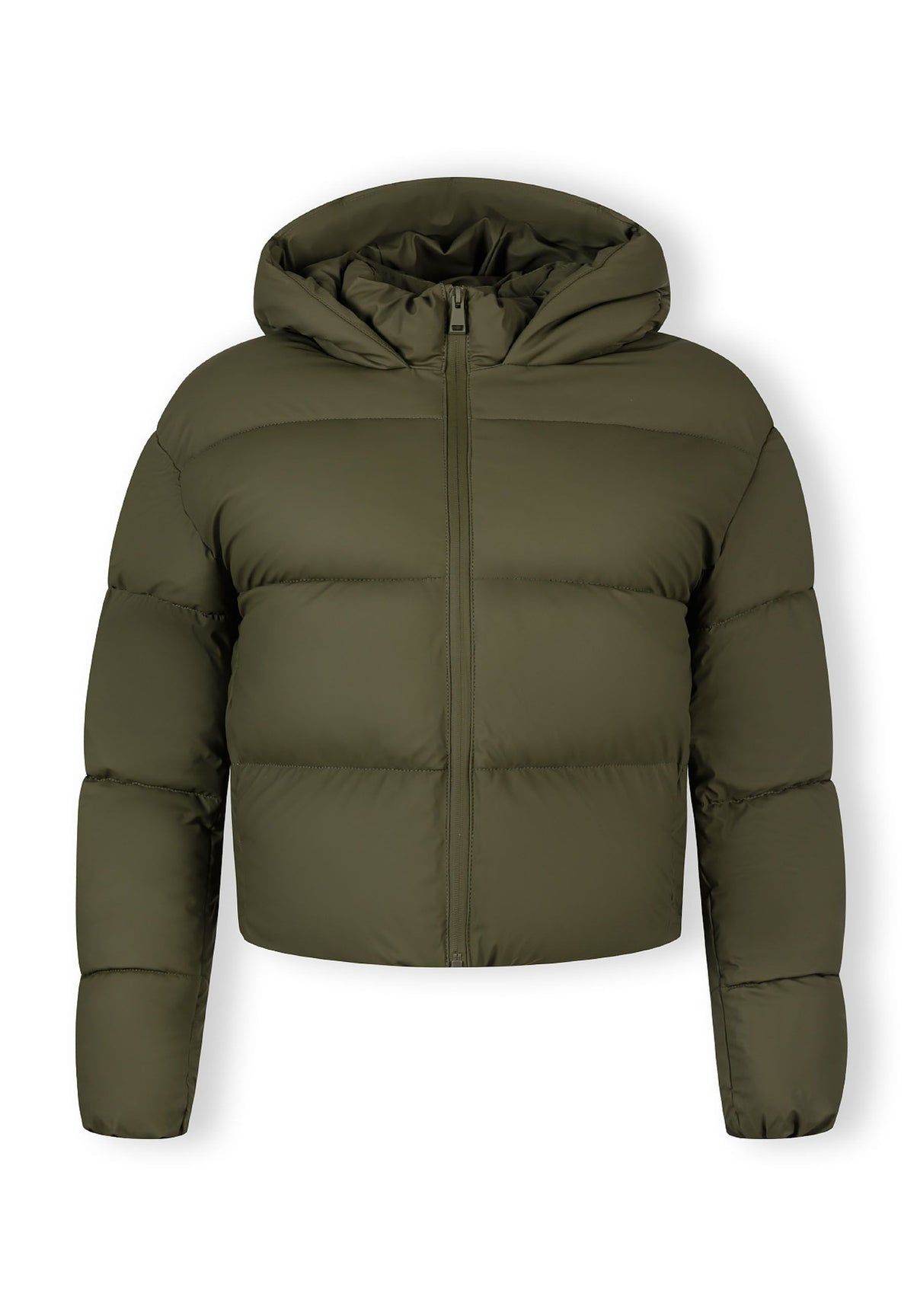 Front of a khaki cropped puffer jacket.