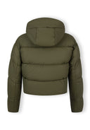 Back view of a women's short khaki quilted jacket with a hood and puffy design.
