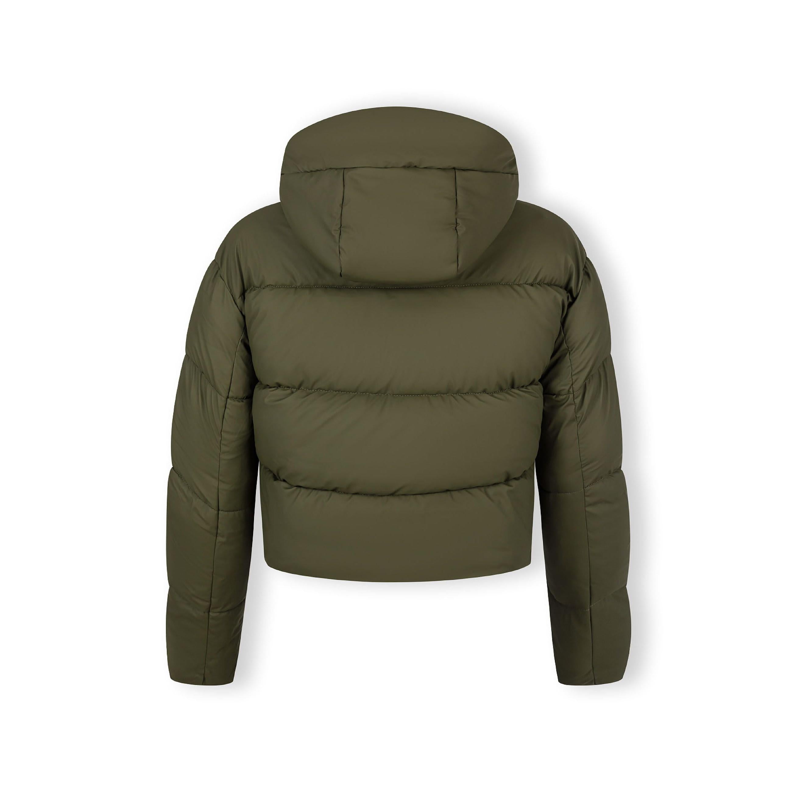 Back view of khaki quilted jacket with hood showing horizontal quilting pattern and cropped length on white background