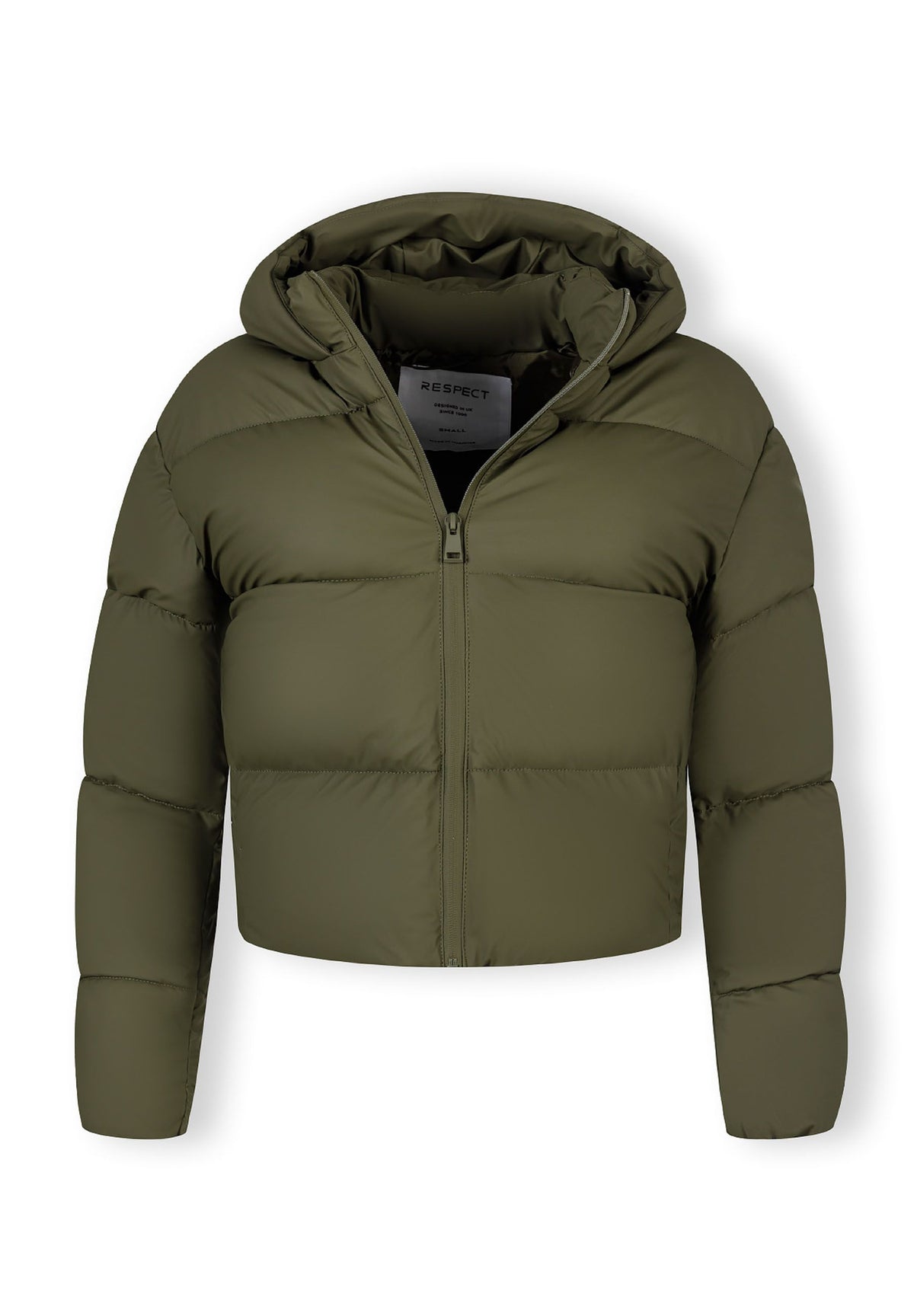 The khaki cropped puffer jacket shown open to reveal the inside.