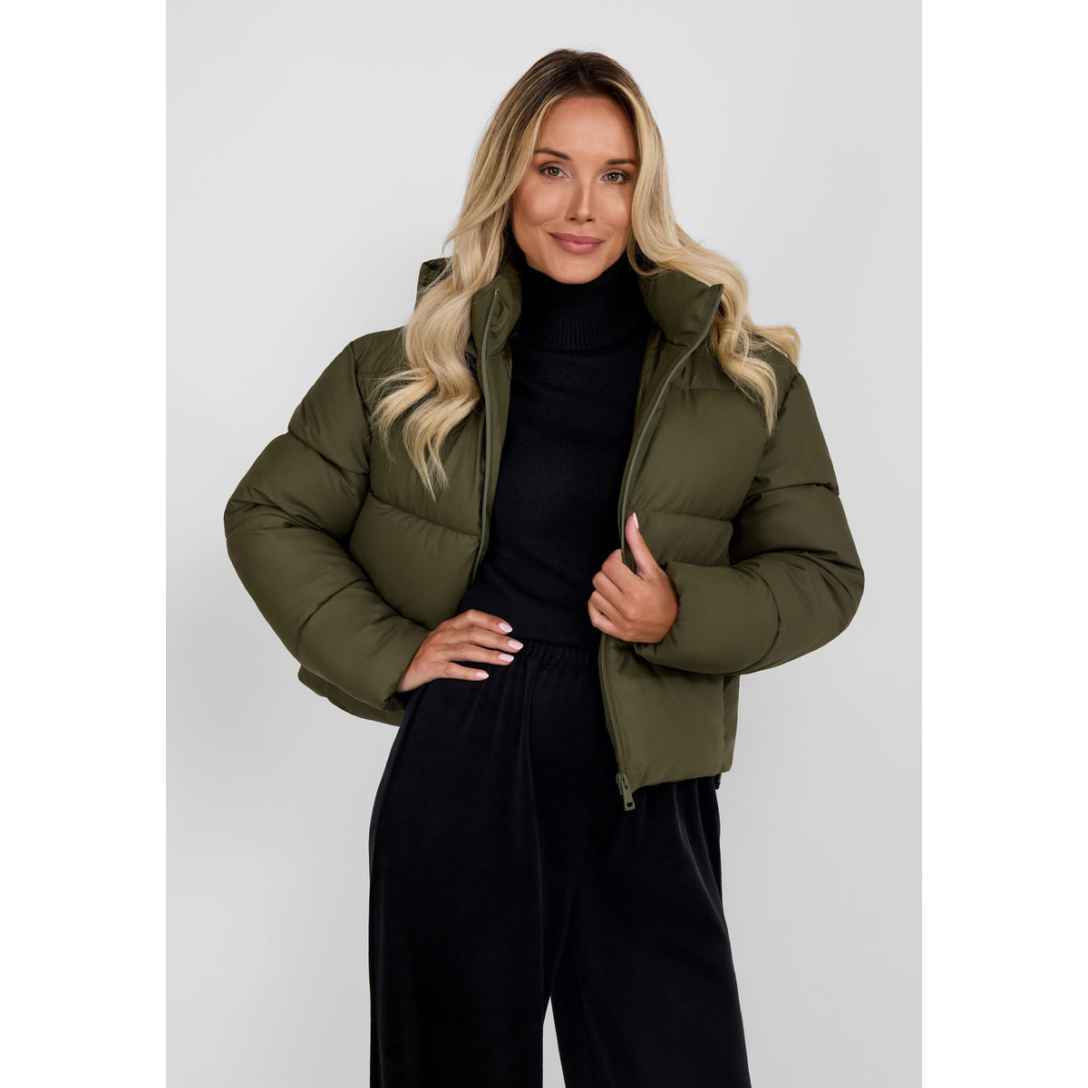 Women's cropped puffer jacket in khaki — complete product view for square Shop card