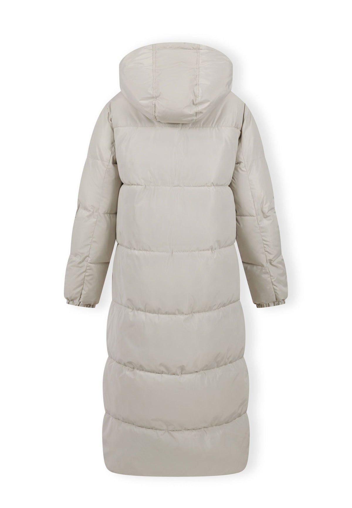 Back of a beige long puffer coat.