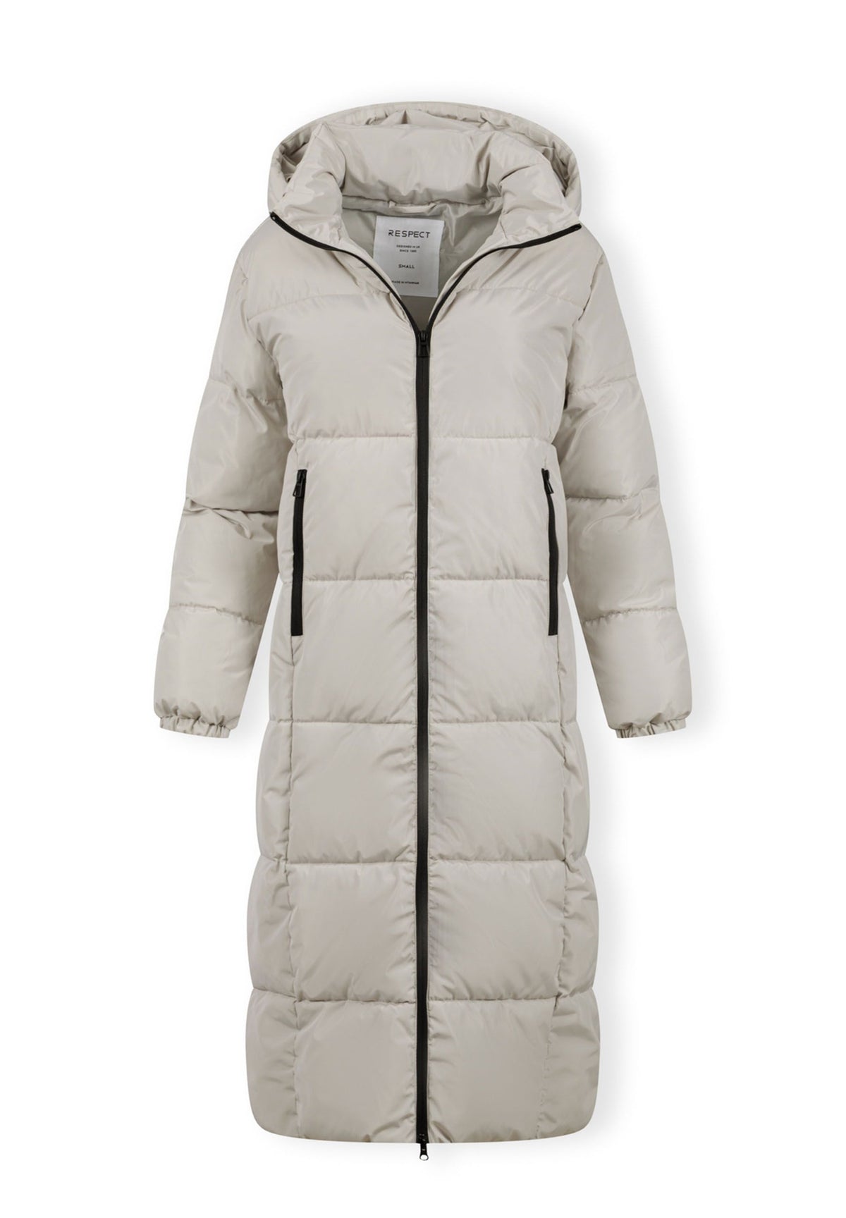 The beige long puffer coat shown open to reveal the inside.