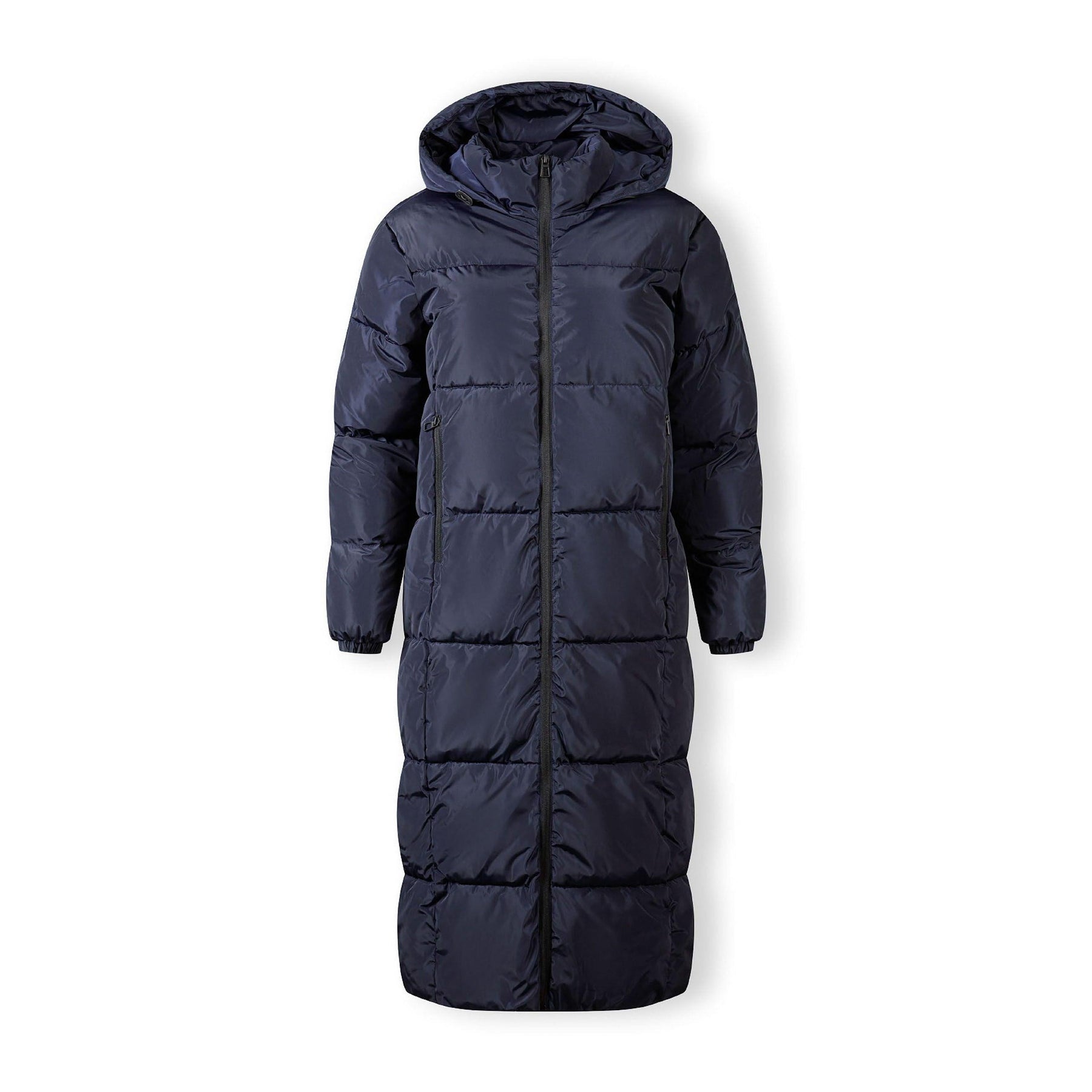 Back view of navy long quilted jacket showing hood detail and full-length quilted pattern on white background