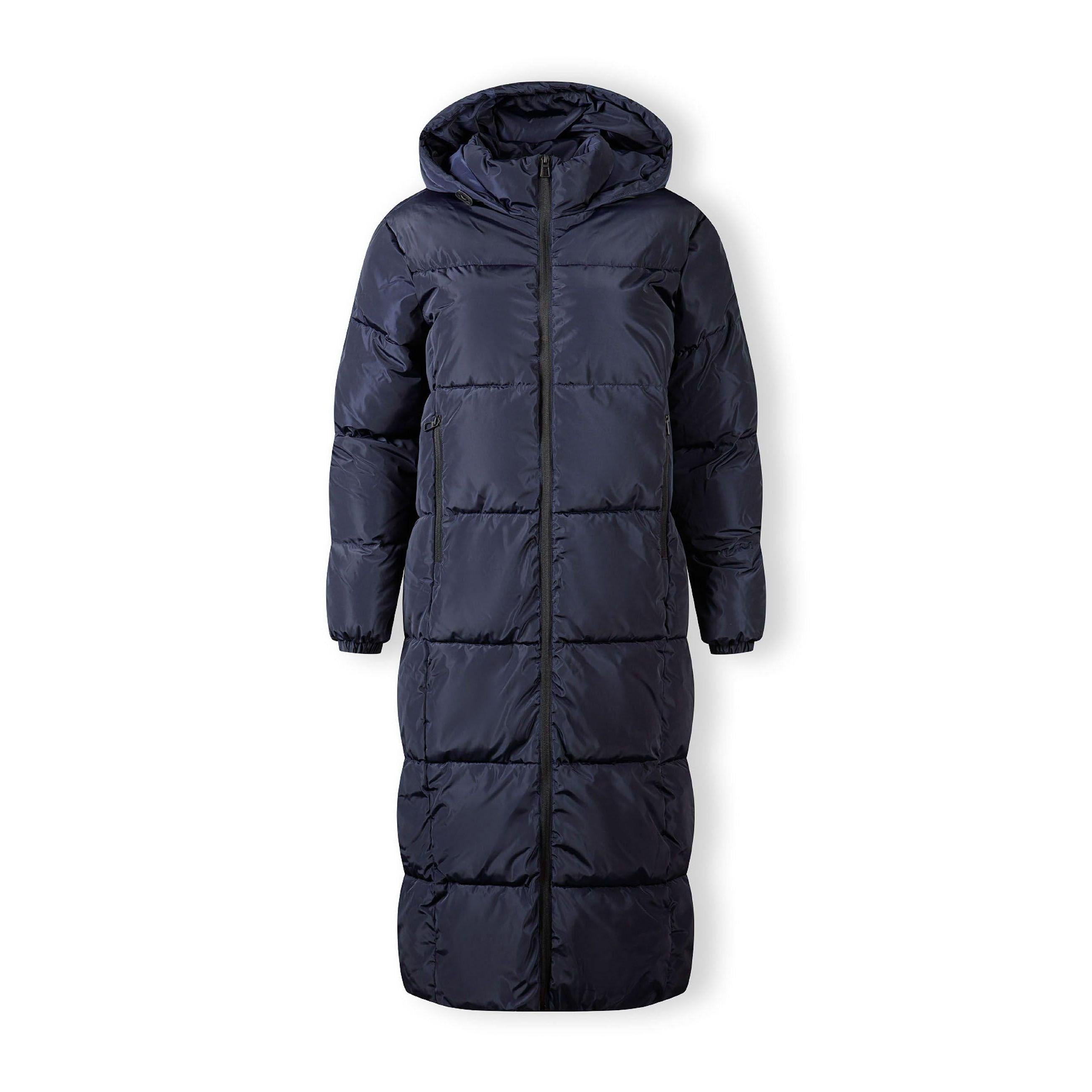 Back view of navy long quilted jacket showing hood detail and full-length quilted pattern on white background