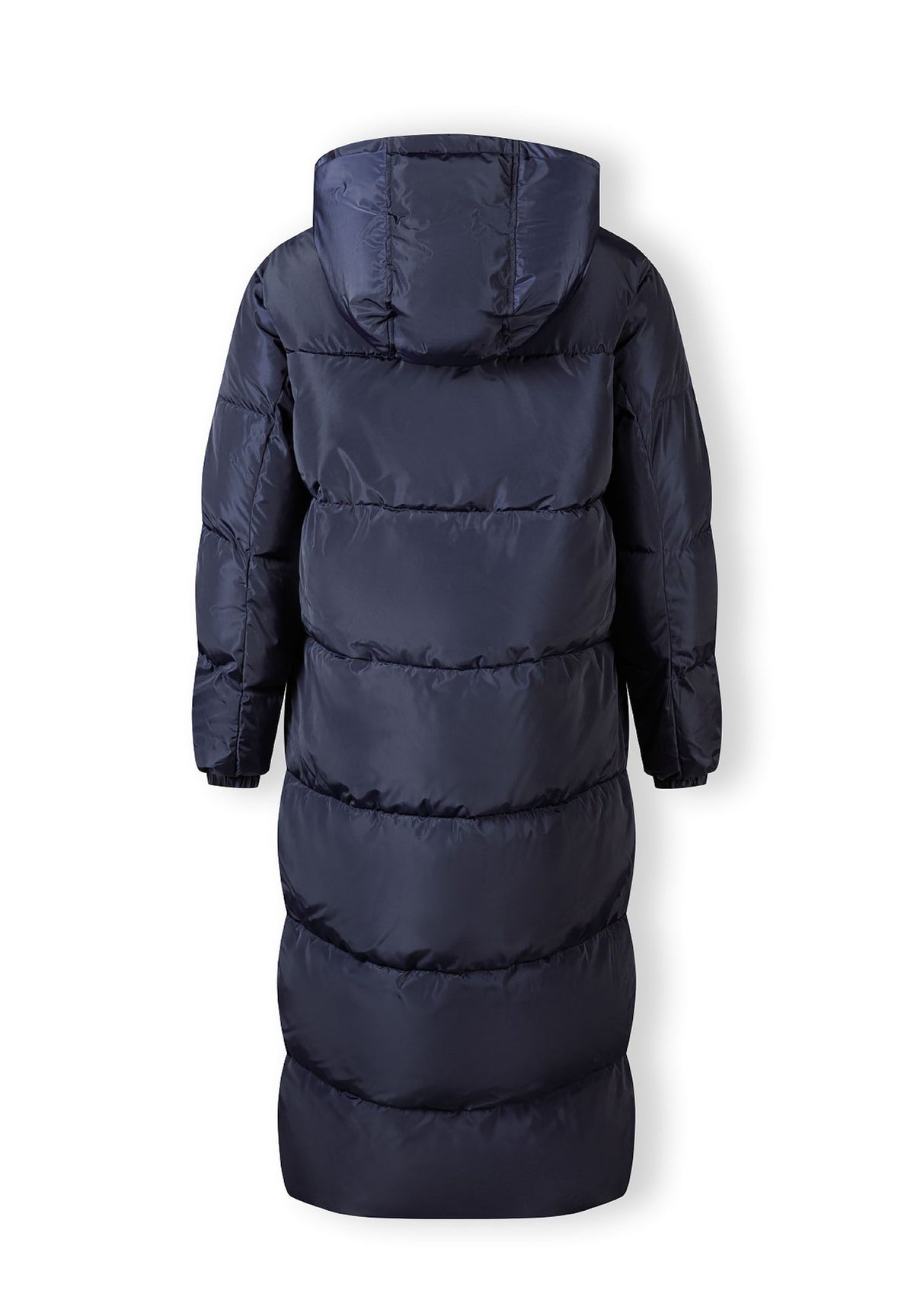 Back of a navy long puffer coat.