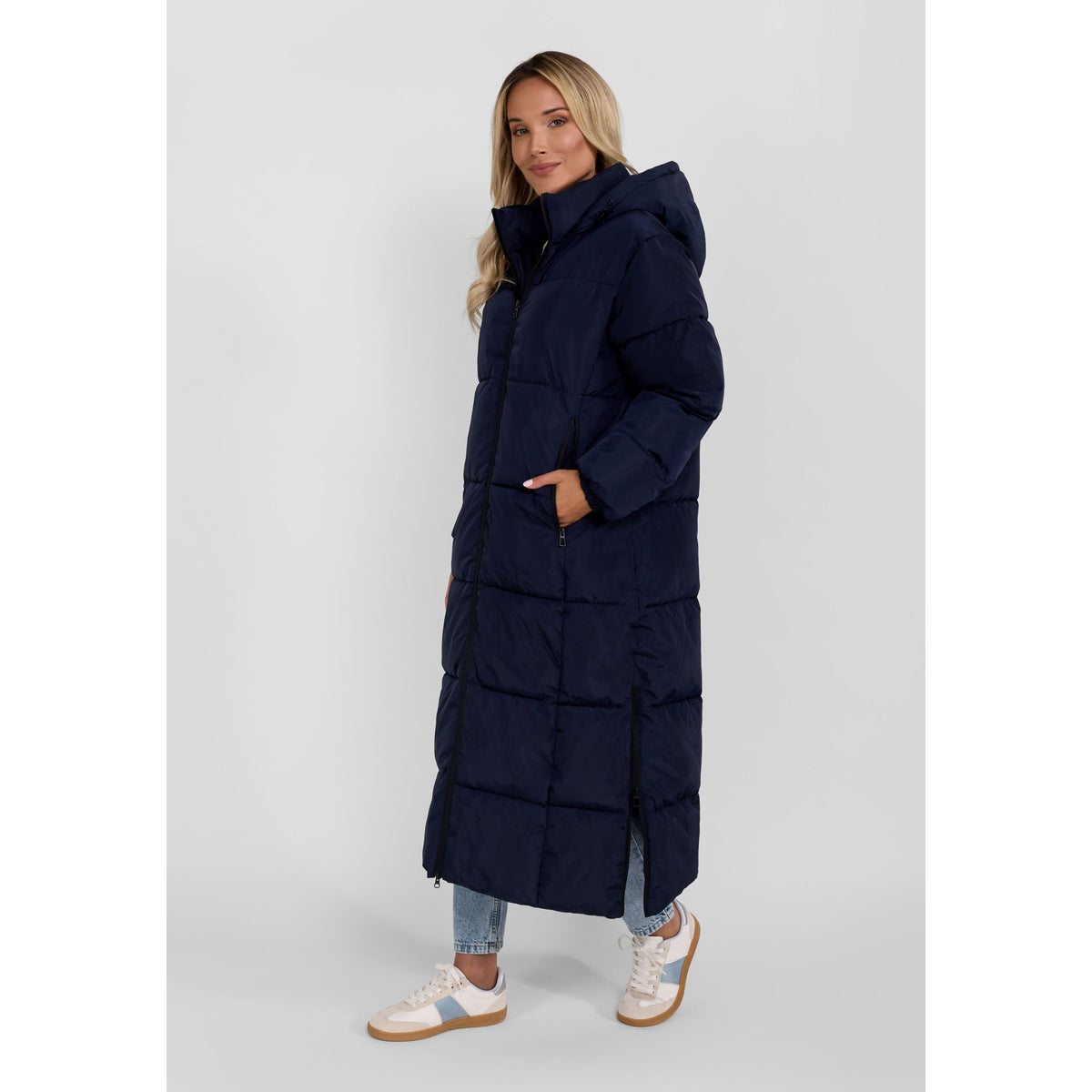 Women's long puffer coat in navy — complete product view for square Shop card