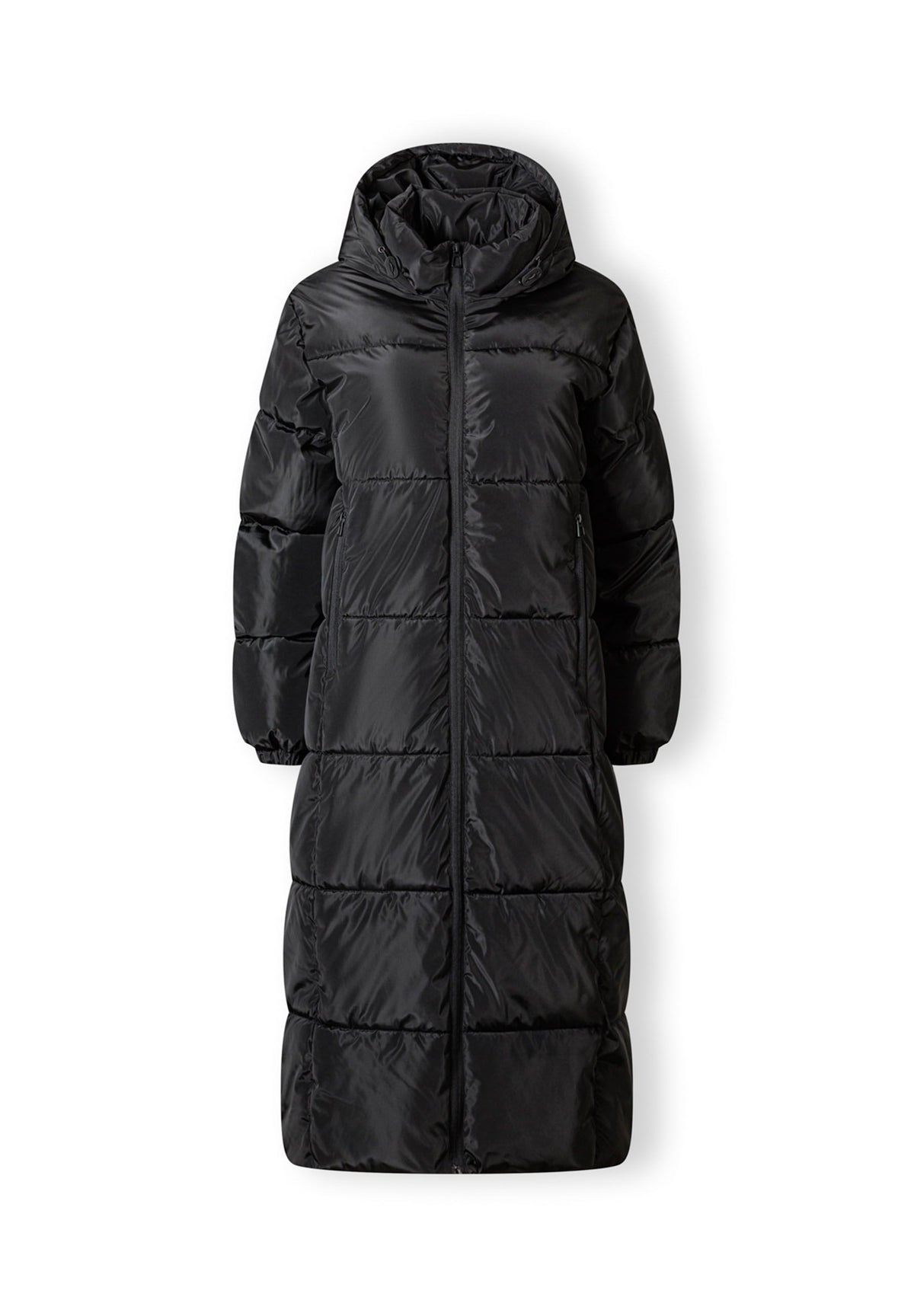 Front of a black long puffer coat.