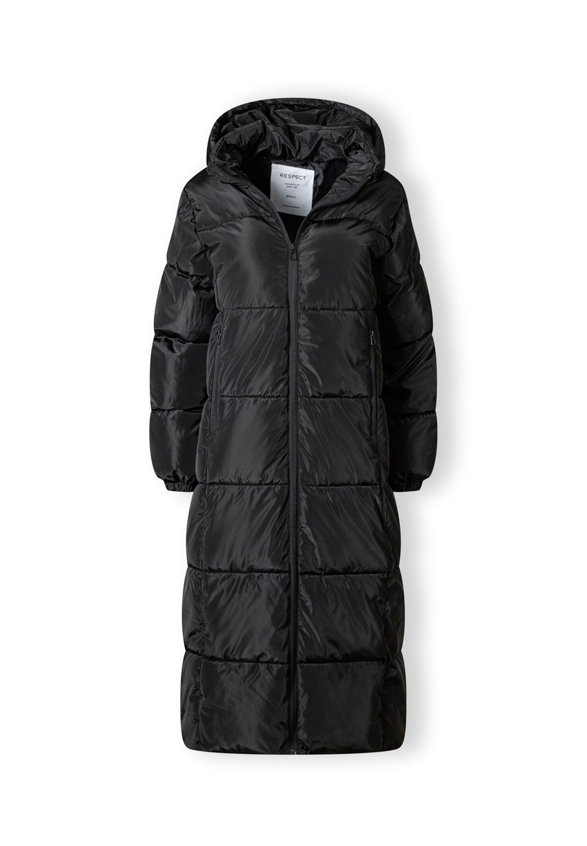 The black long puffer coat shown open to reveal the inside.