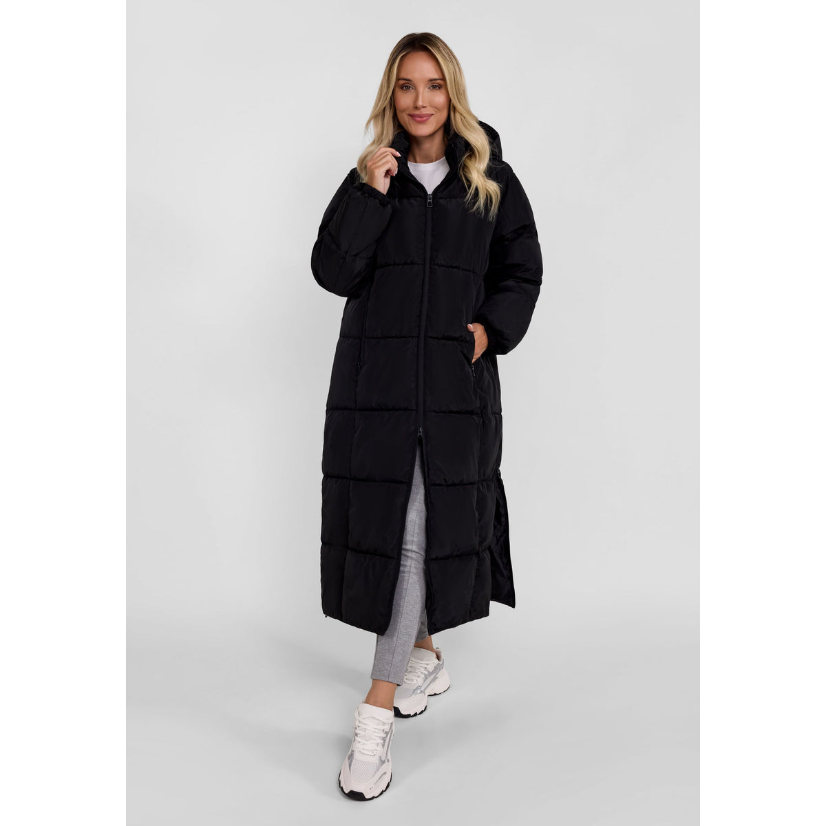 Women's long puffer coat in black — complete product view for square Shop card