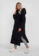 Długa pikowana kurtka zimowa z kapturem i suwakami