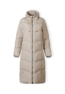 Long quilted winter jacket in grey with drawstring hood and contrasting zip.