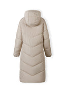 Back view of a long quilted winter jacket with a drawstring hood and elasticated cuffs.