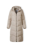Long quilted winter jacket in beige with drawstring hood and full-length zipper.