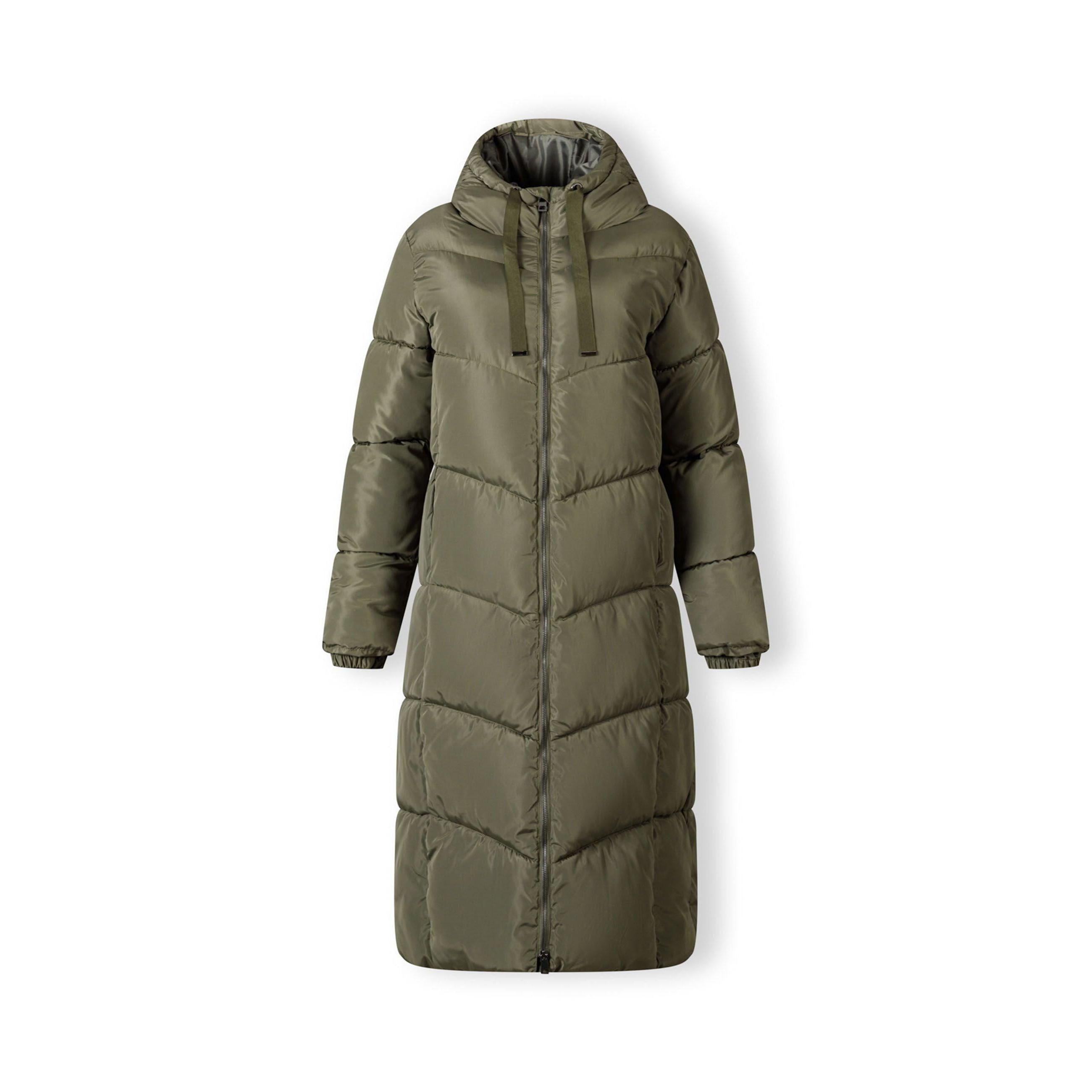 Back view of olive green quilted puffer coat showing chevron quilting pattern and hood detail on white background
