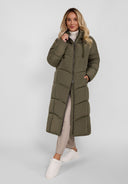 Long quilted winter jacket in khaki with a fixed hood and contrasting zip.