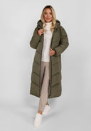 Długa pikowana kurtka zimowa z kontrastowym zamkiem