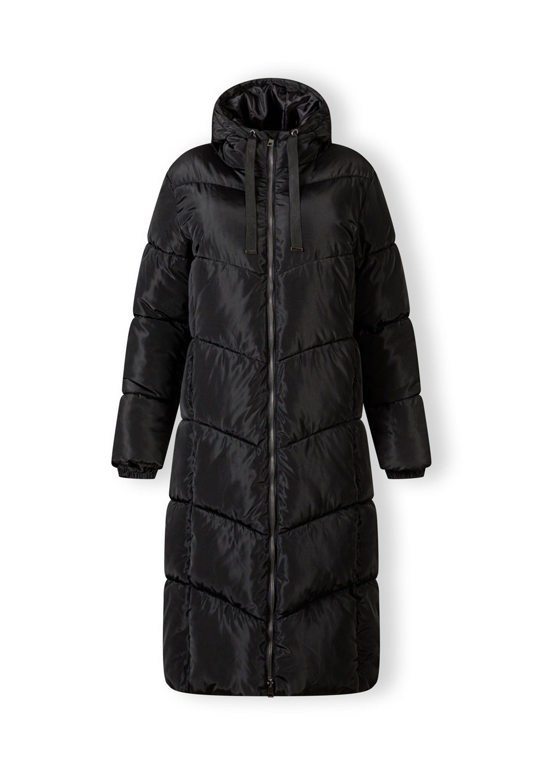 Long black quilted winter jacket with drawstring hood and contrasting zipper, front view.