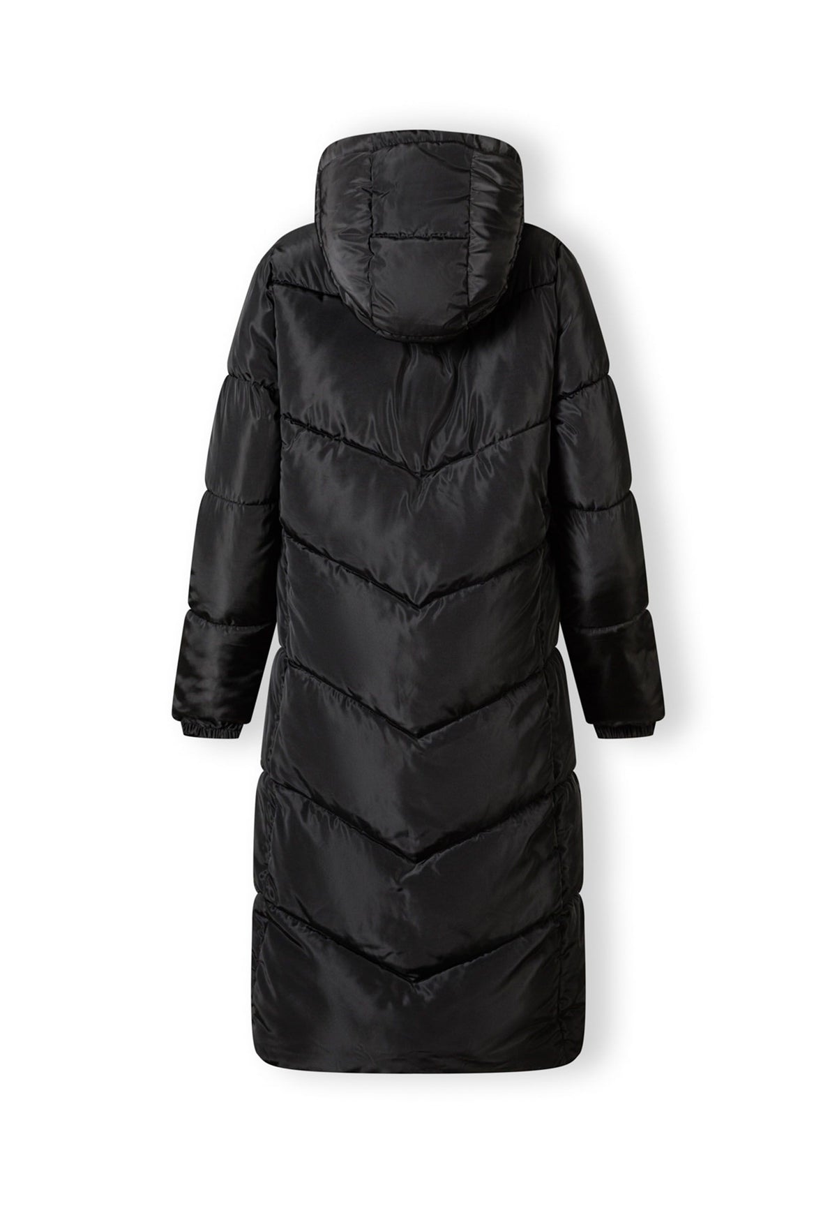Back of a black long puffer coat.