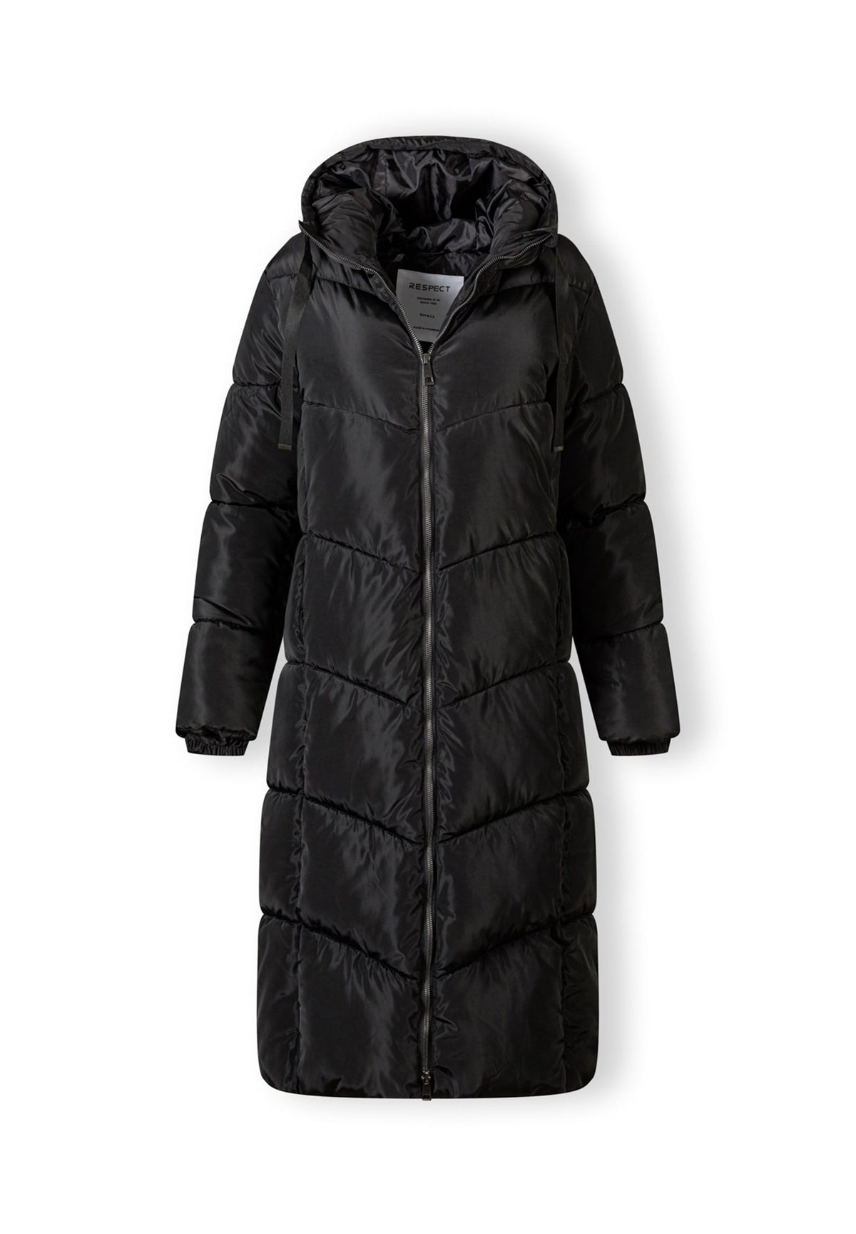 The black long puffer coat shown open to reveal the inside.