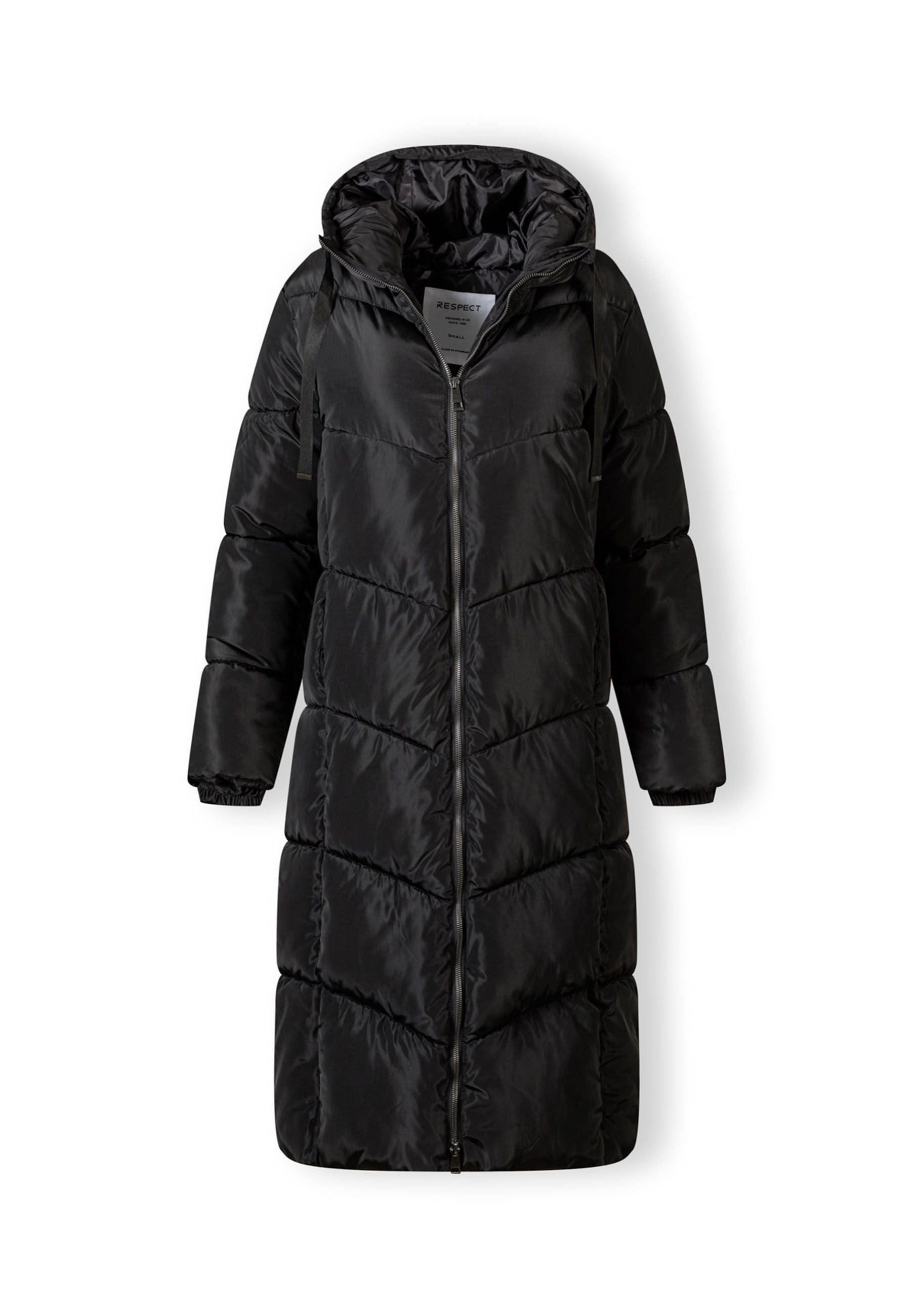 Long black quilted winter jacket with drawstring hood and contrasting zipper, front view.