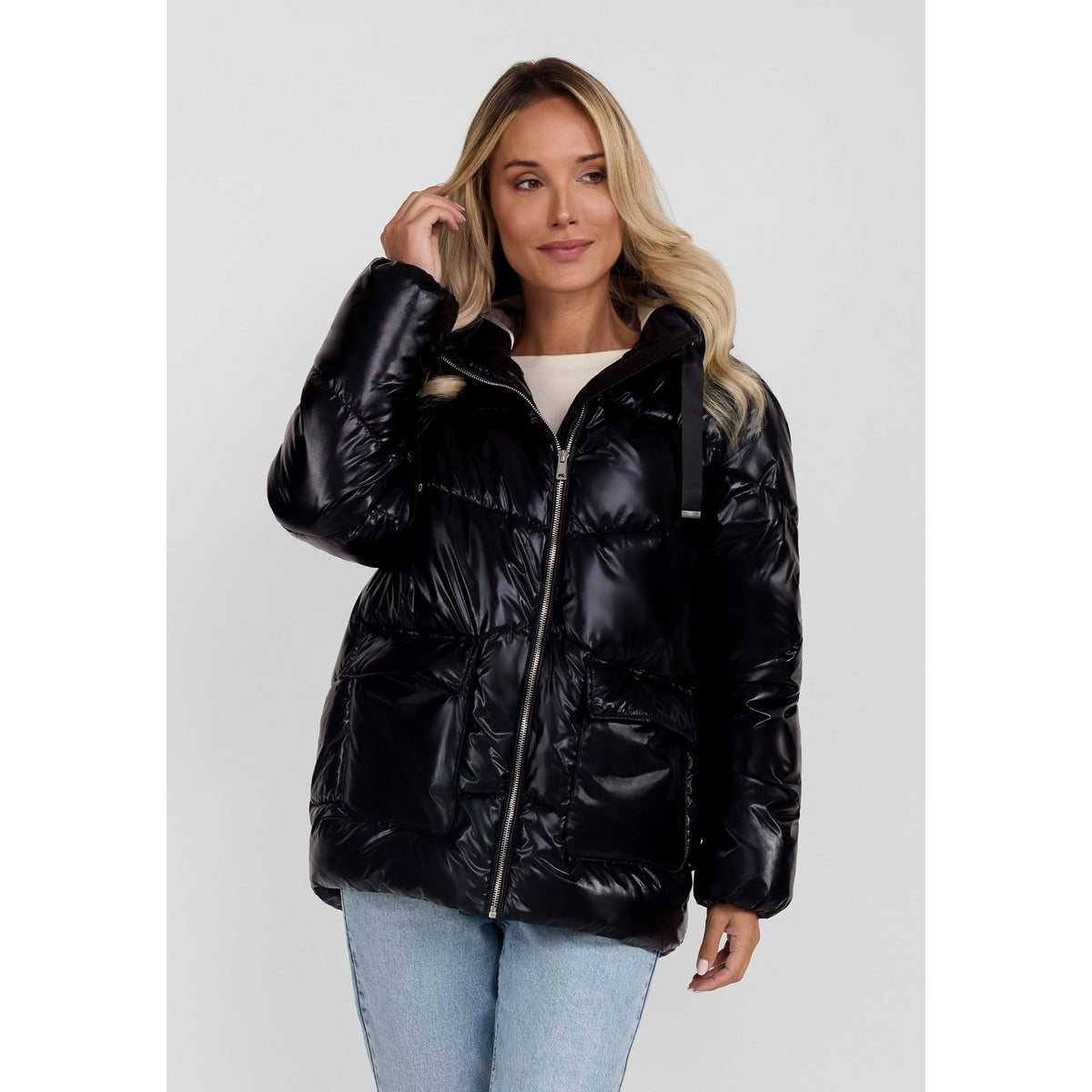 Women's puffer jacket in black — complete product view for square Shop card