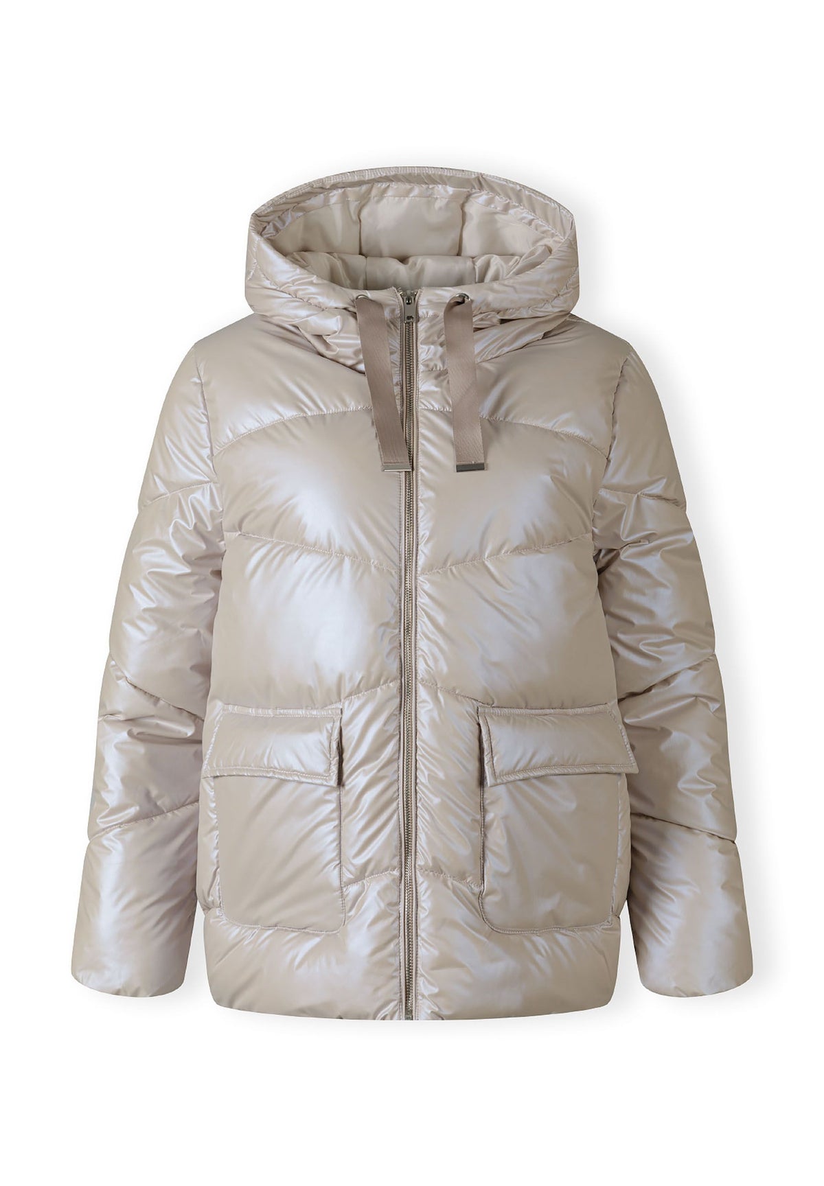 Front of a light beige puffer jacket.