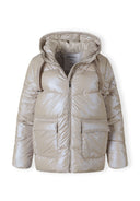 Quilted short jacket for women, grey, front view, features hood and two flap pockets.