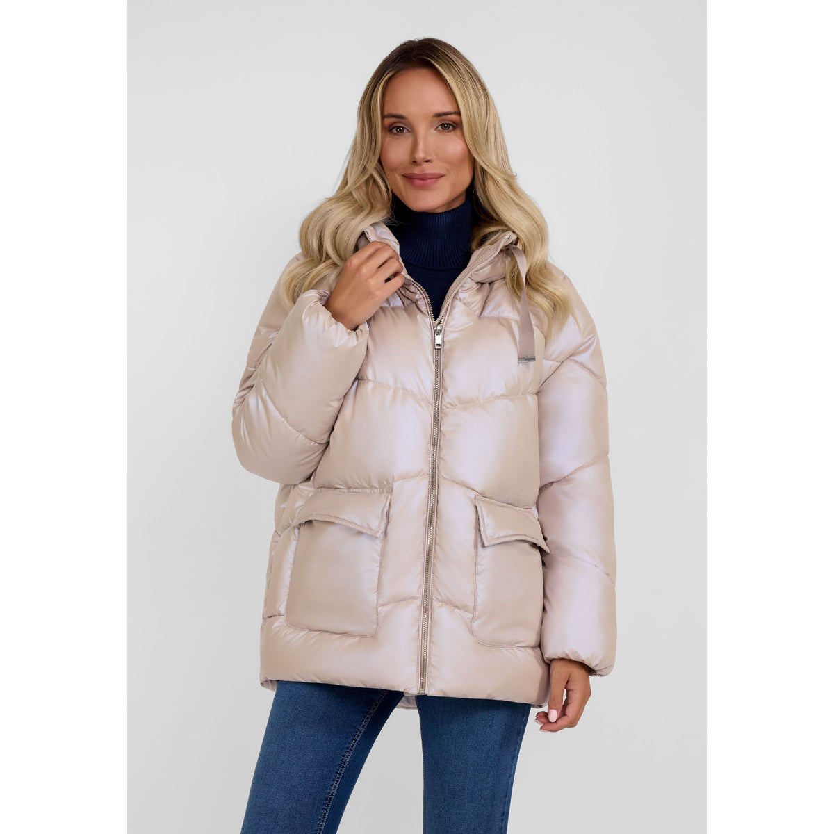 Women's puffer jacket in light beige — complete product view for square Shop card
