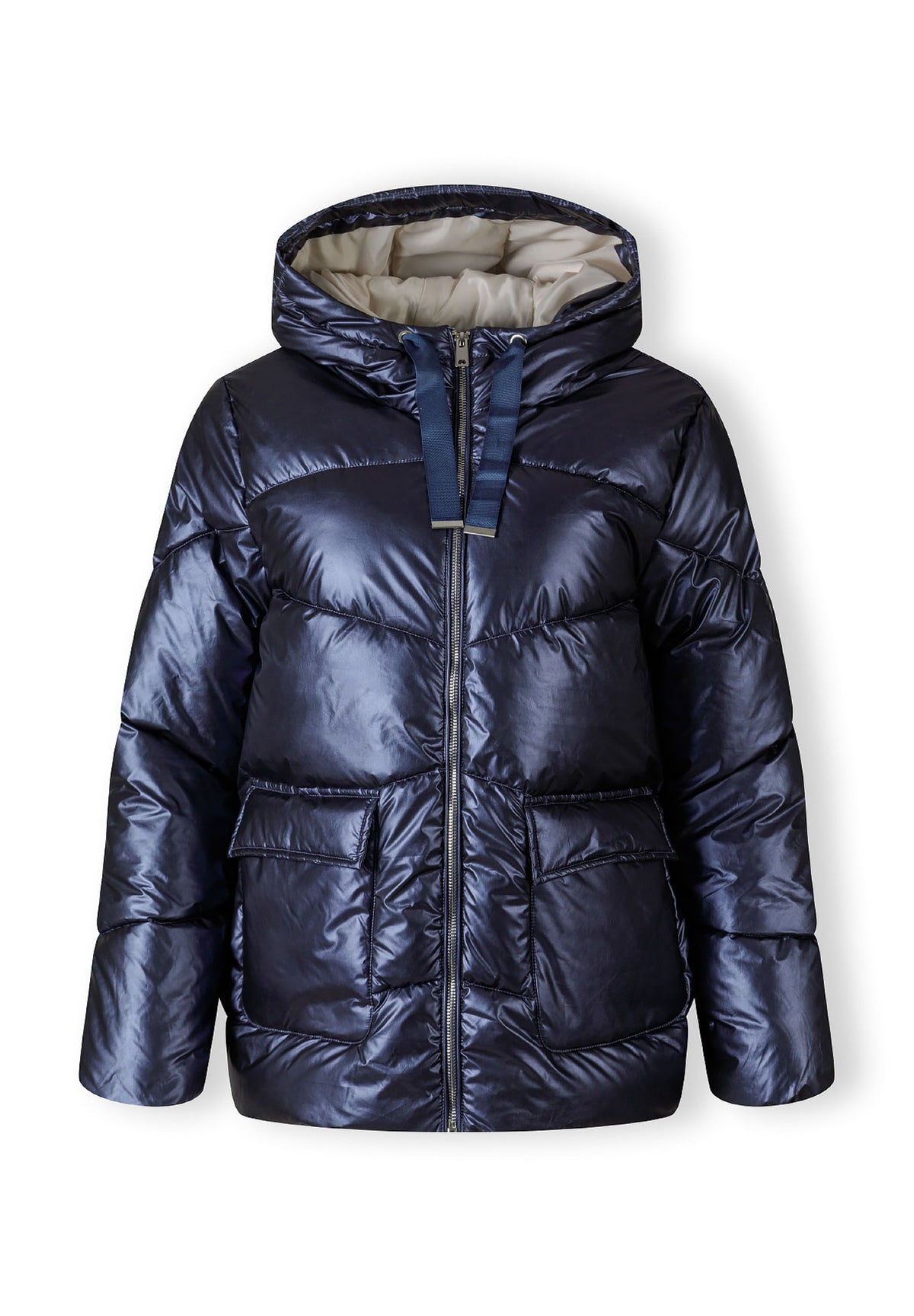 Front of a navy puffer jacket.